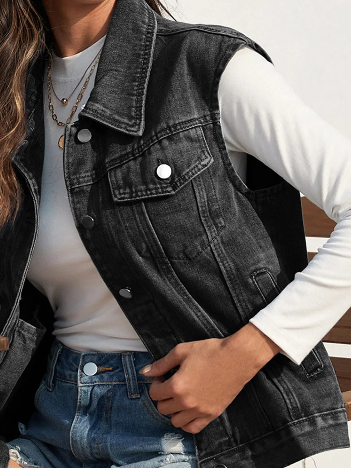 Classic Collared Neck Sleeveless Denim Jacket Vest