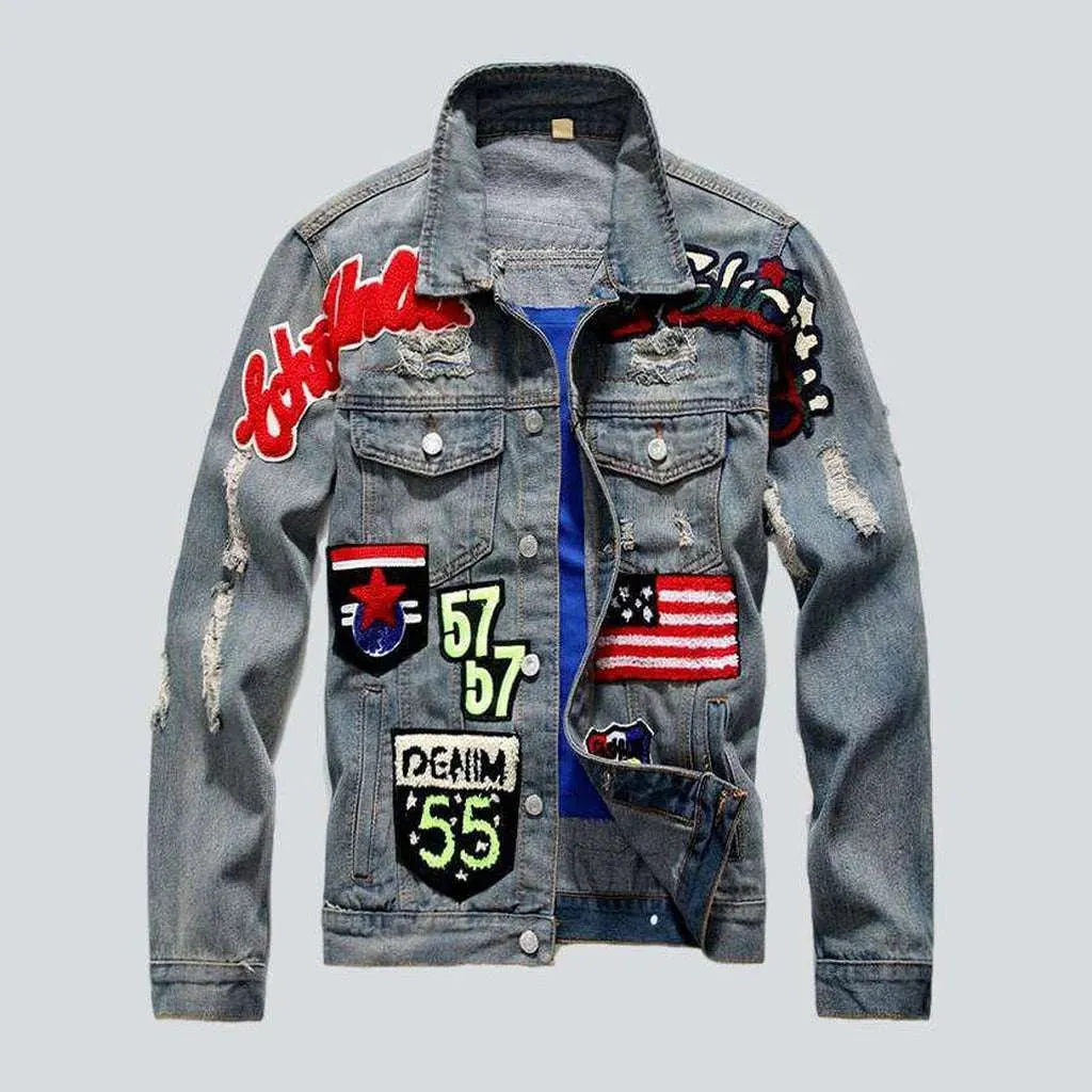 Color embroidery men's denim jacket