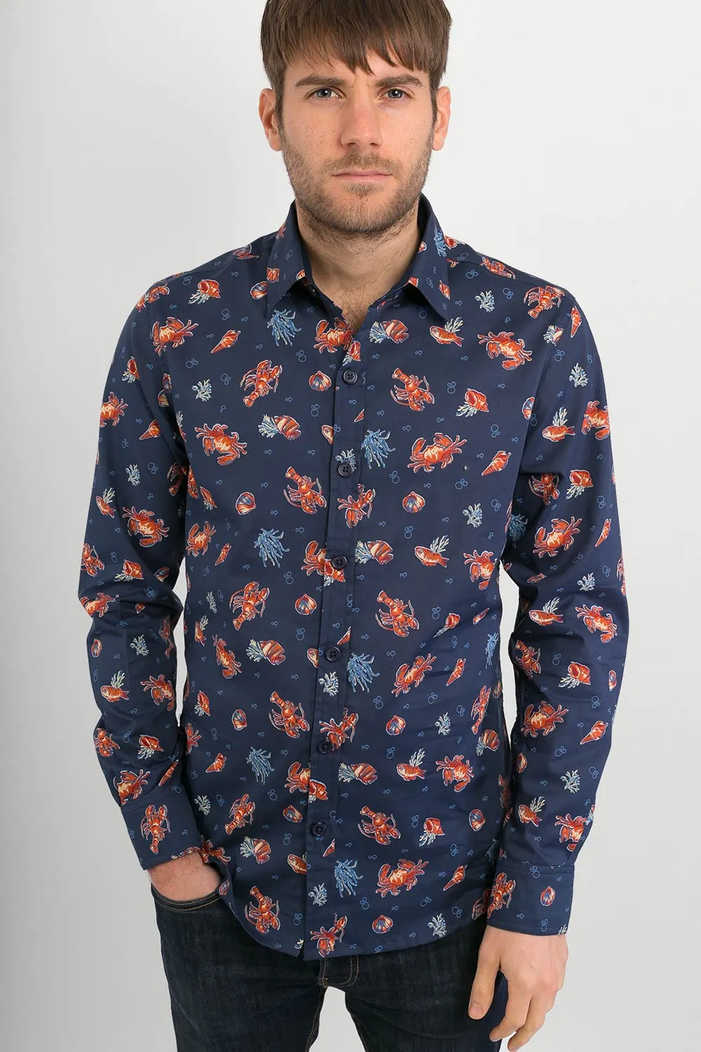 Crabs Lobster Sea Life Blue Print Cotton Mens Long-Sleeve Shirt