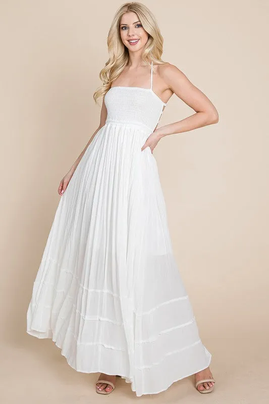 Cream Smocked Flowy Boho Pleated Backless Maxi Dress