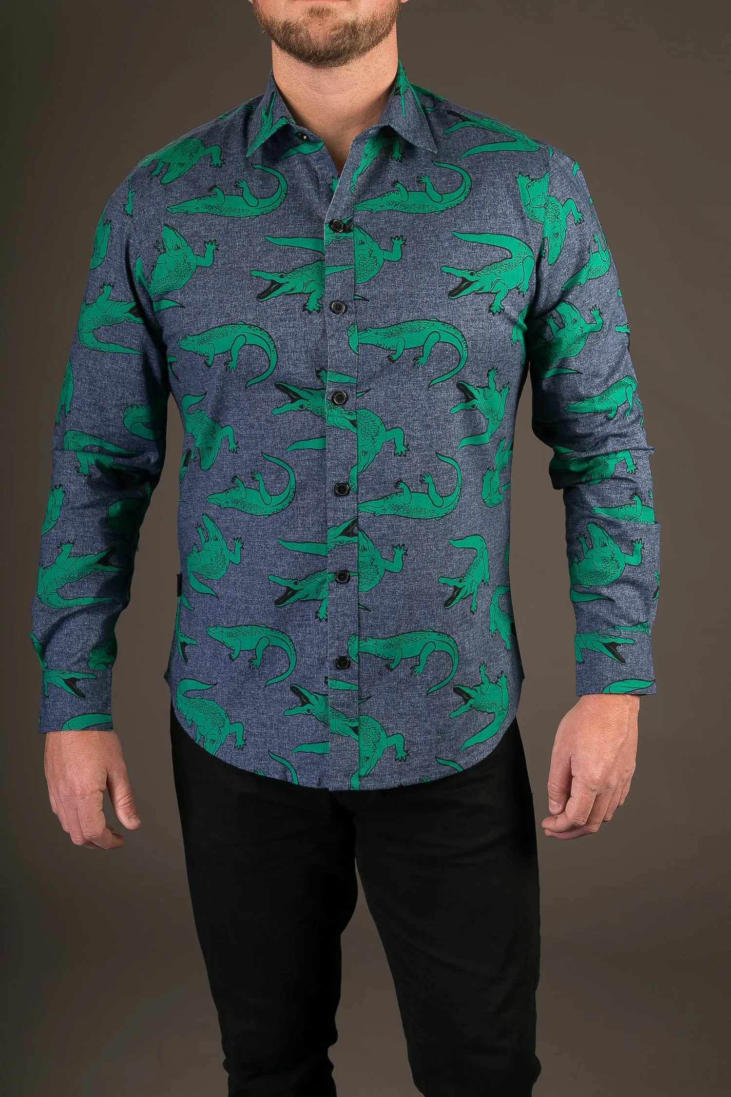 Crocodile Print Cotton Slim Fit Mens Shirt Long Sleeve