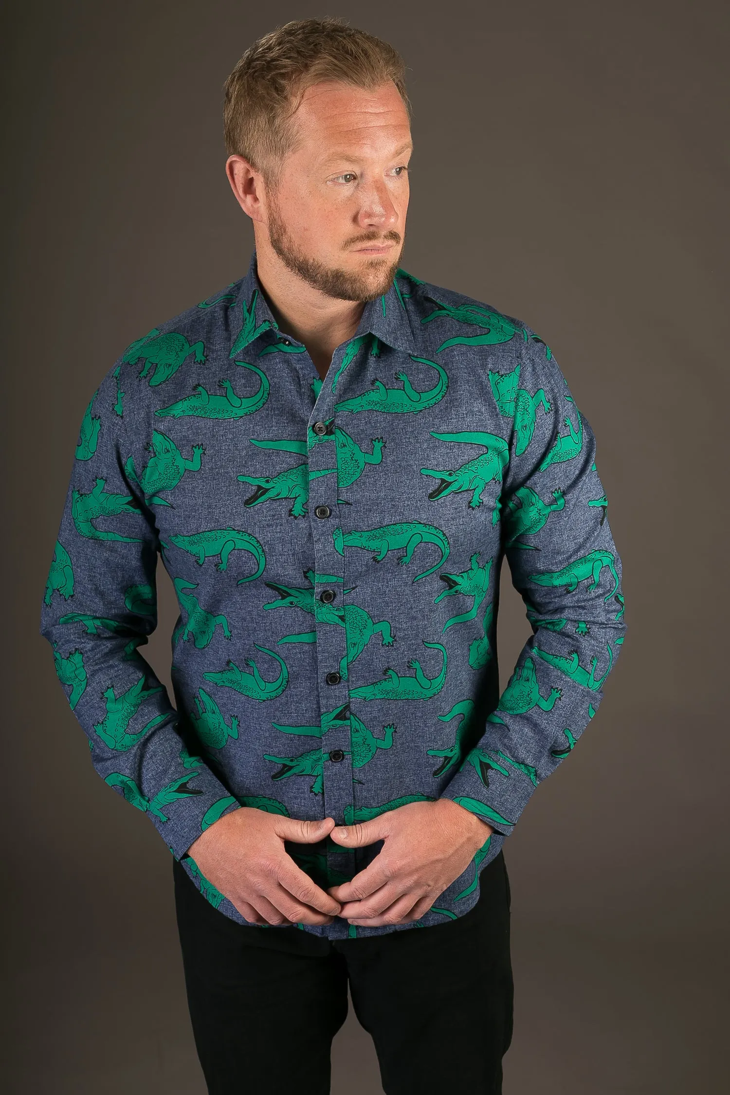 Crocodile Print Cotton Slim Fit Mens Shirt Long Sleeve