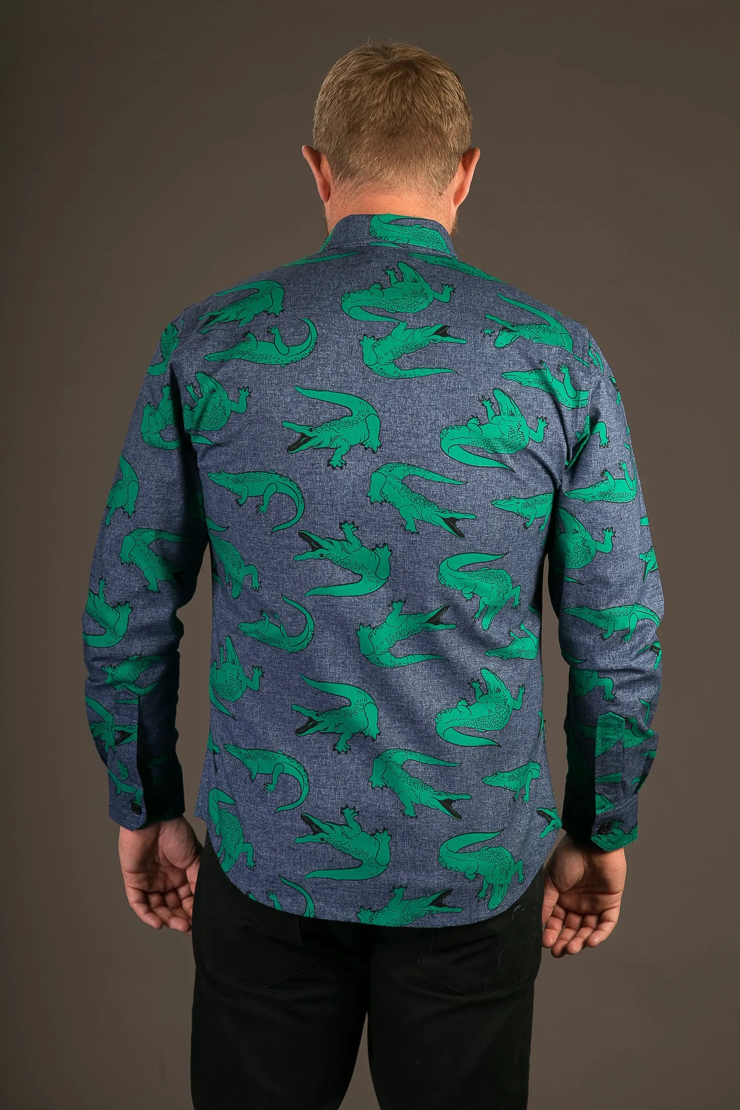 Crocodile Print Cotton Slim Fit Mens Shirt Long Sleeve