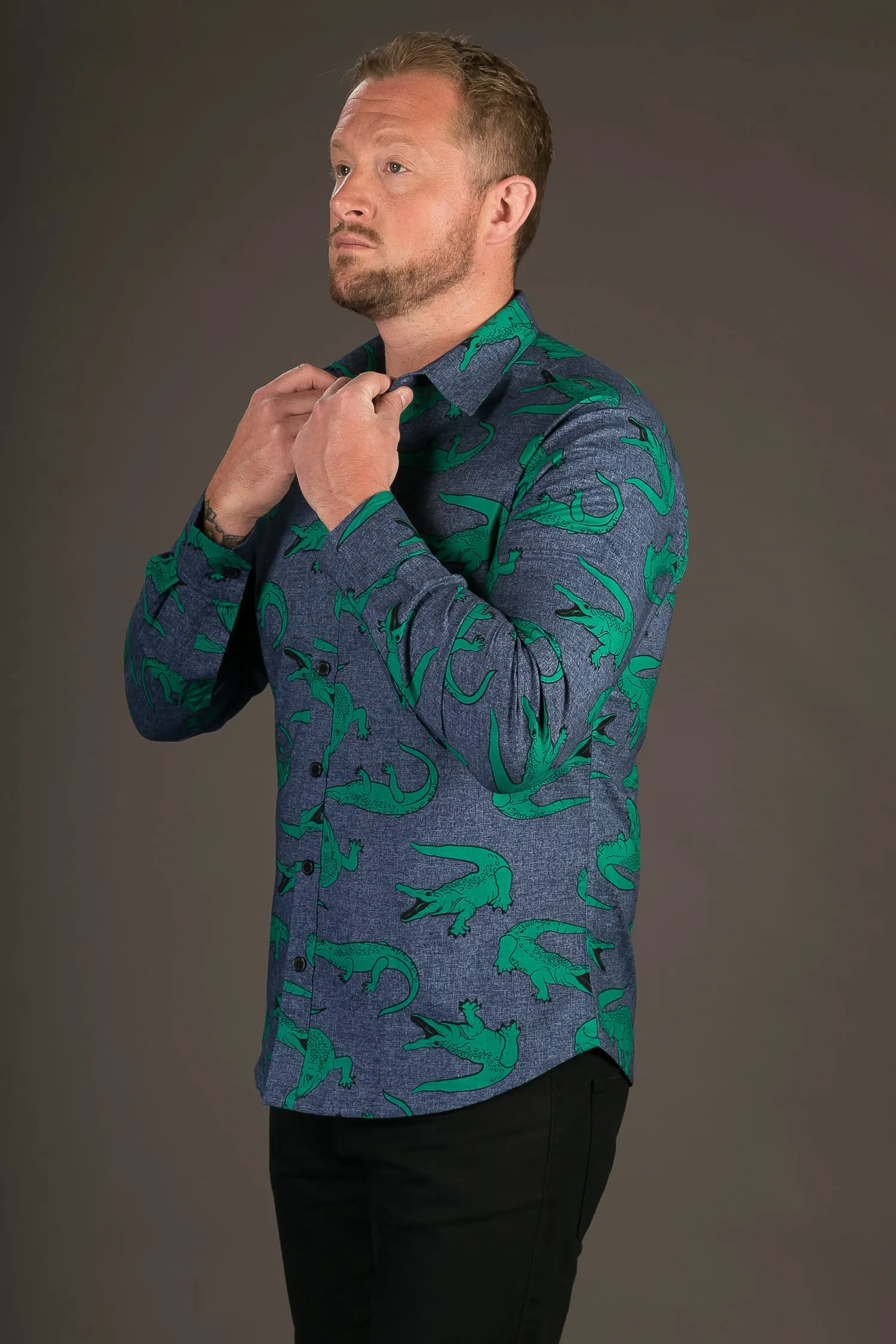 Crocodile Print Cotton Slim Fit Mens Shirt Long Sleeve