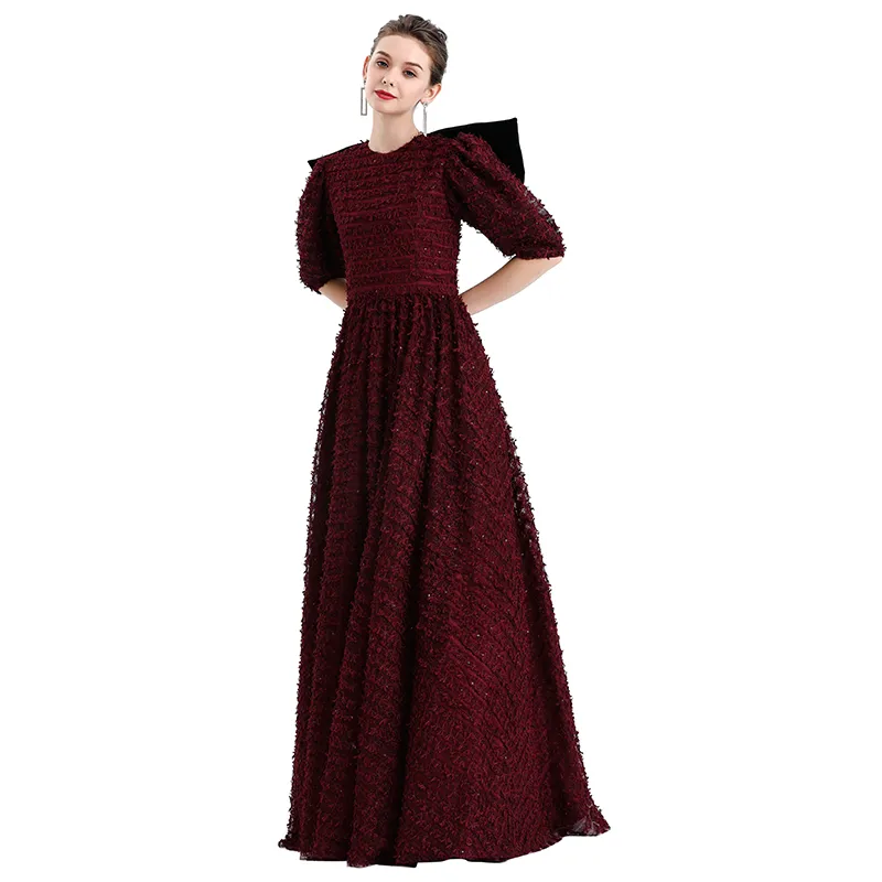 D119 Girls All-over embroidered ribbon three-quarter puff sleeves flared hem maxi gown