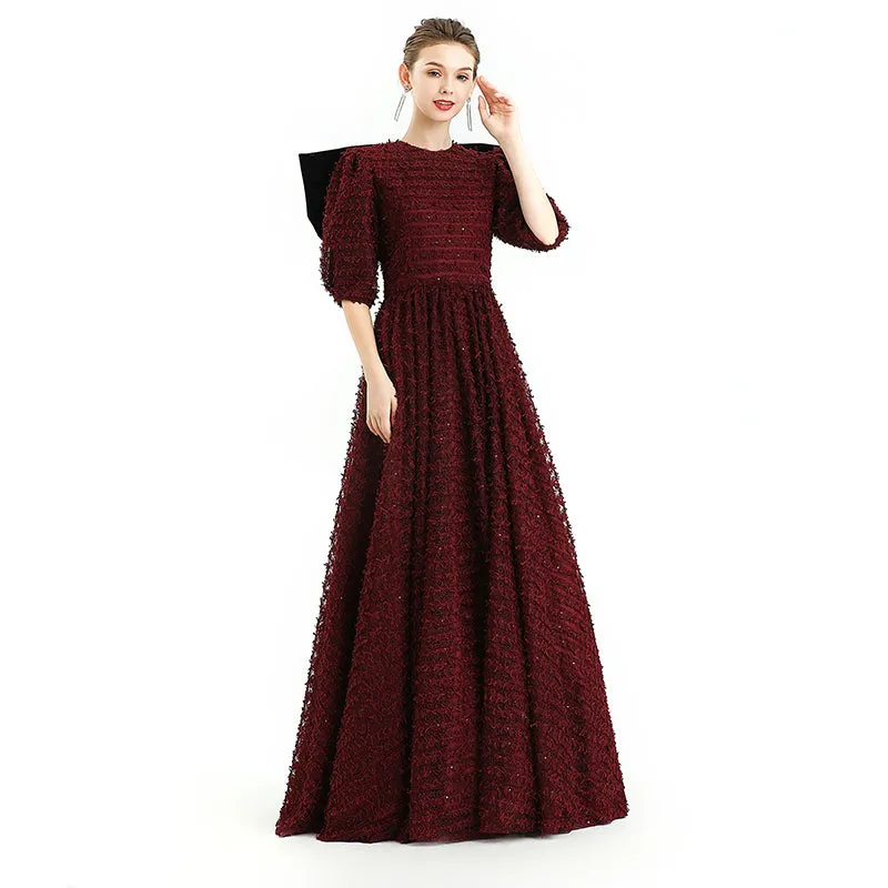 D119 Girls All-over embroidered ribbon three-quarter puff sleeves flared hem maxi gown