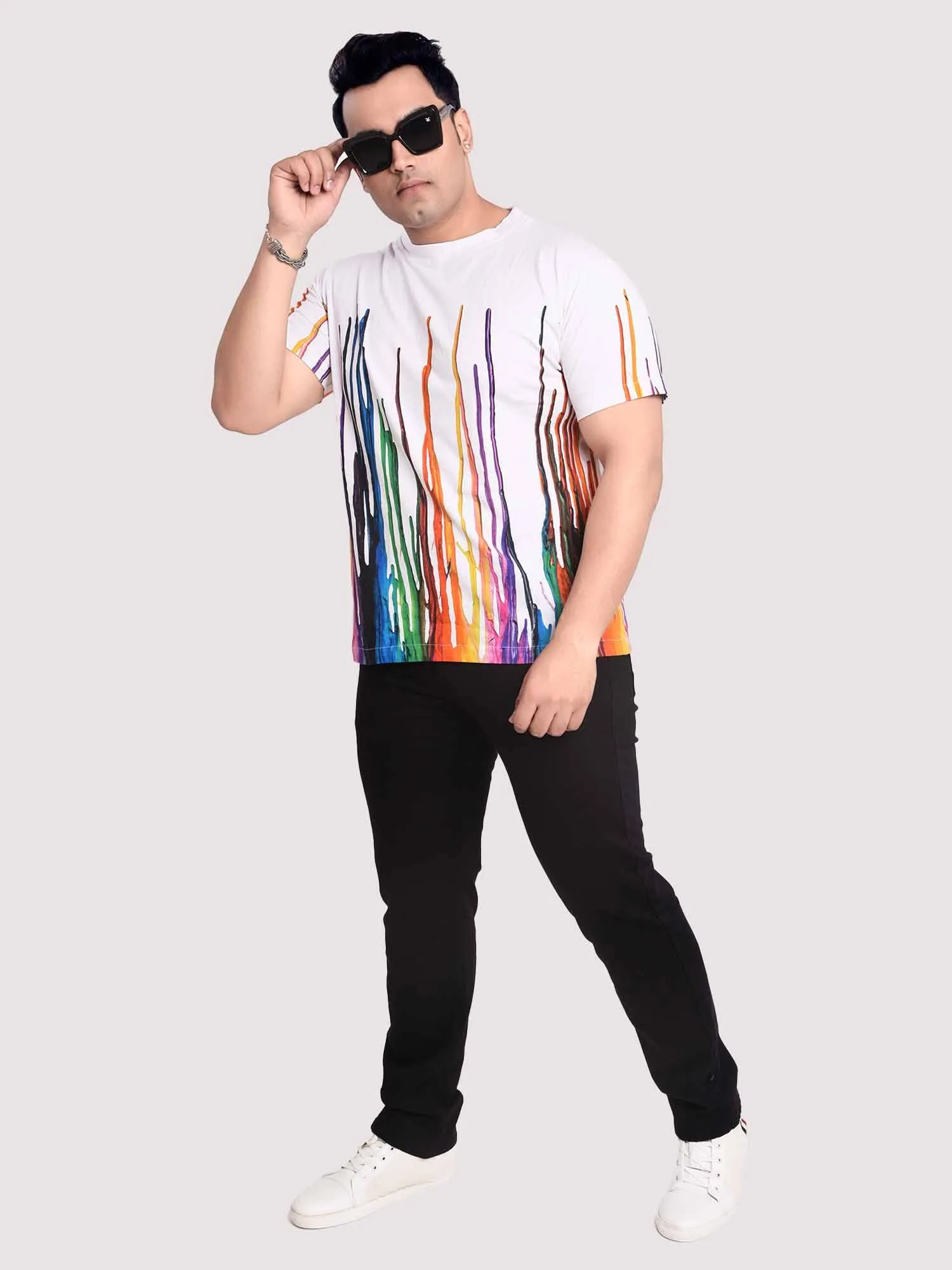 Dancing Fountain White Digital Printed Round Neck T-Shirt Men's Plus Size