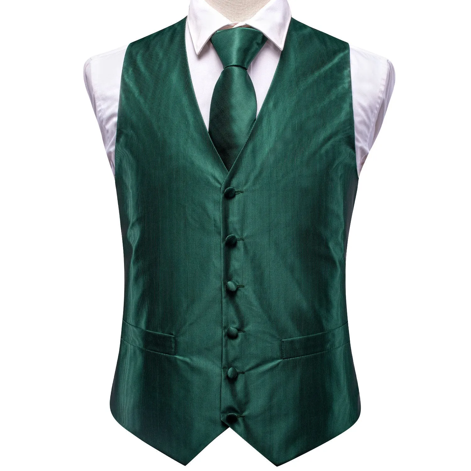 Dark Green Solid Jacquard Silk Men's Vest Hanky Cufflinks Tie Set