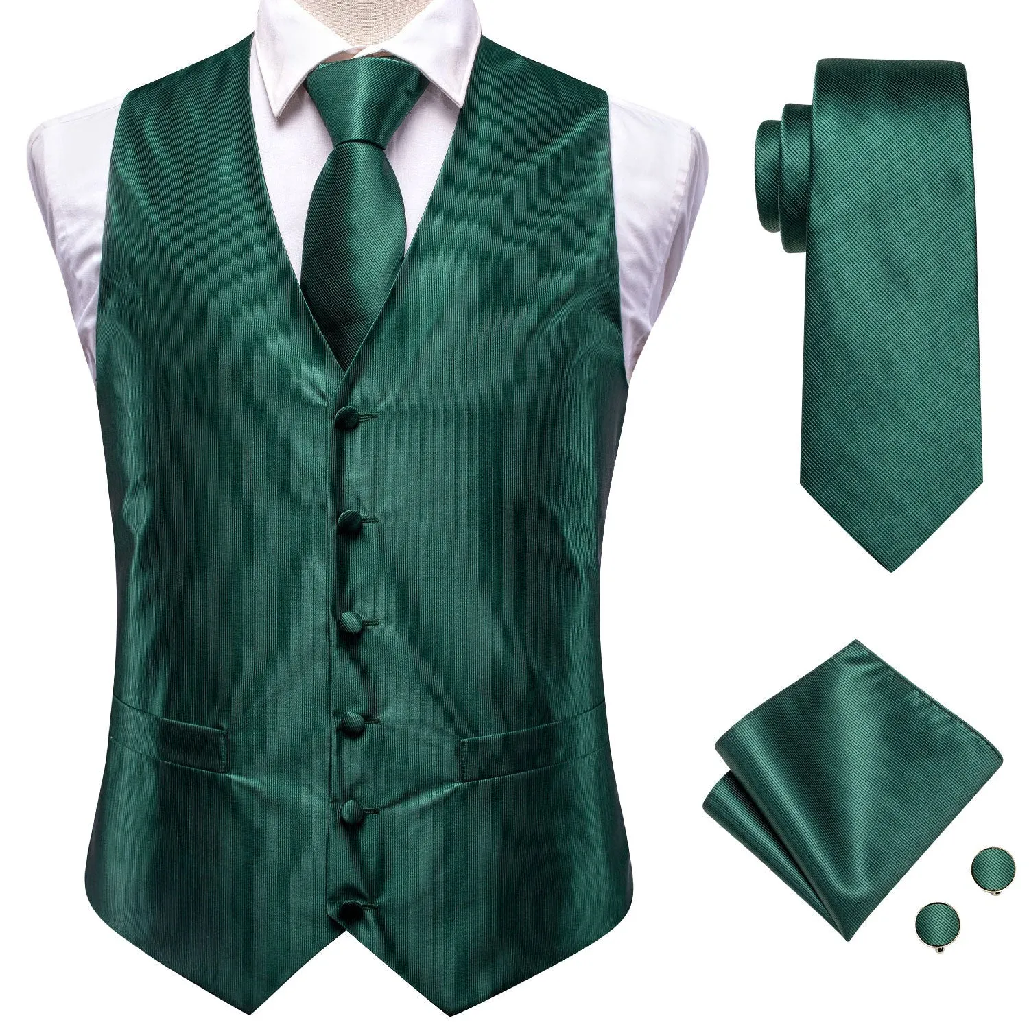 Dark Green Solid Jacquard Silk Men's Vest Hanky Cufflinks Tie Set