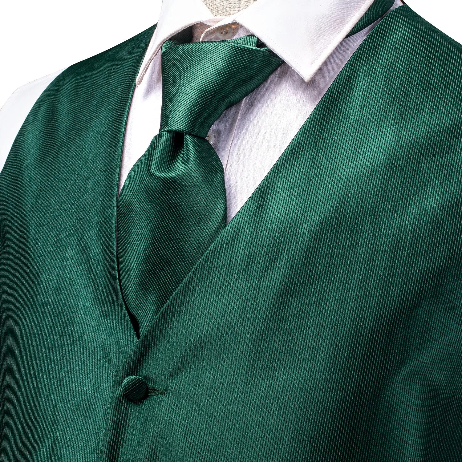 Dark Green Solid Jacquard Silk Men's Vest Hanky Cufflinks Tie Set