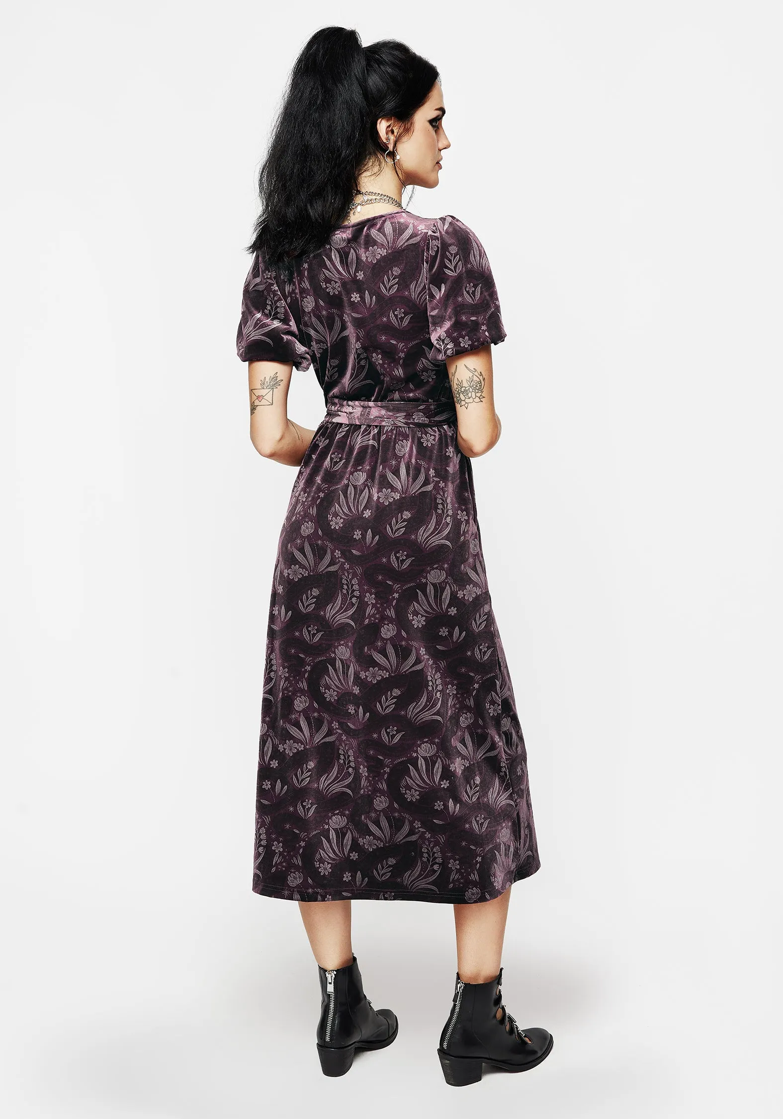 Deception Snake Foil Print Velour Midi Wrap Dress