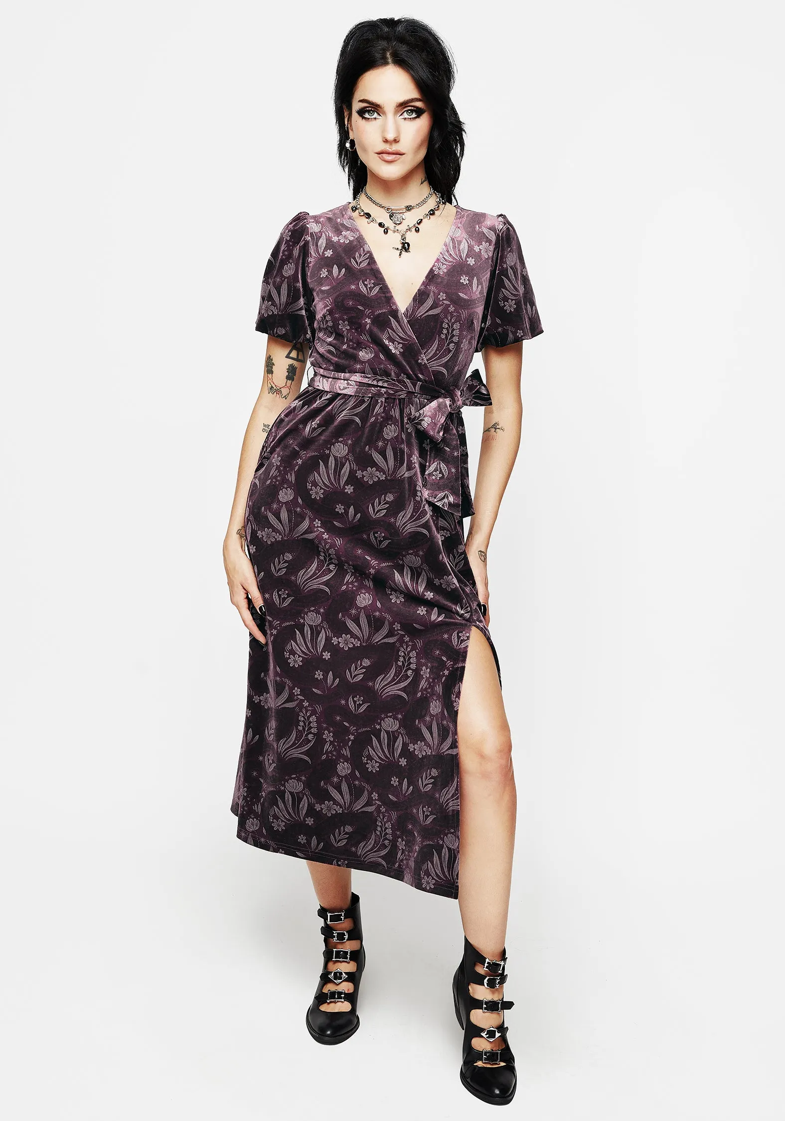 Deception Snake Foil Print Velour Midi Wrap Dress