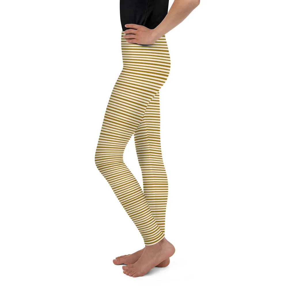 Dense Brown Light Yellow Horizontal Stripe Print Youth Leggings - Made in USA/ EU