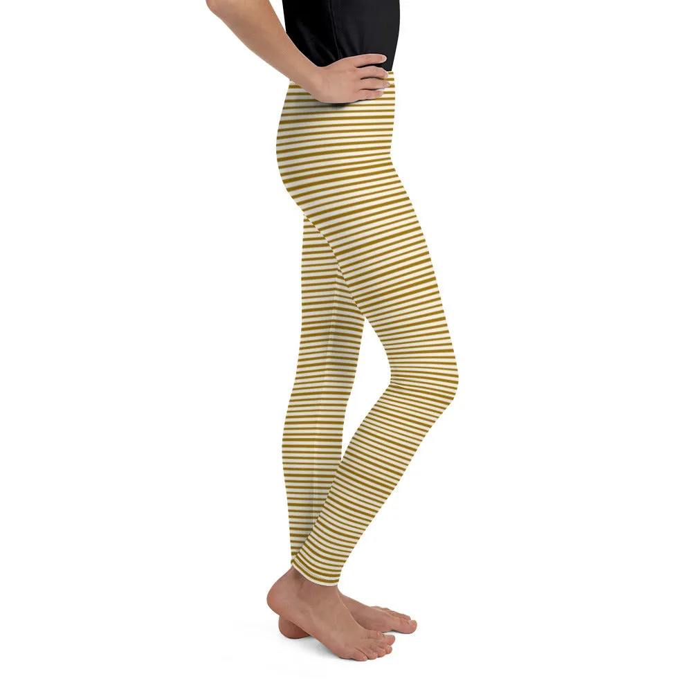 Dense Brown Light Yellow Horizontal Stripe Print Youth Leggings - Made in USA/ EU