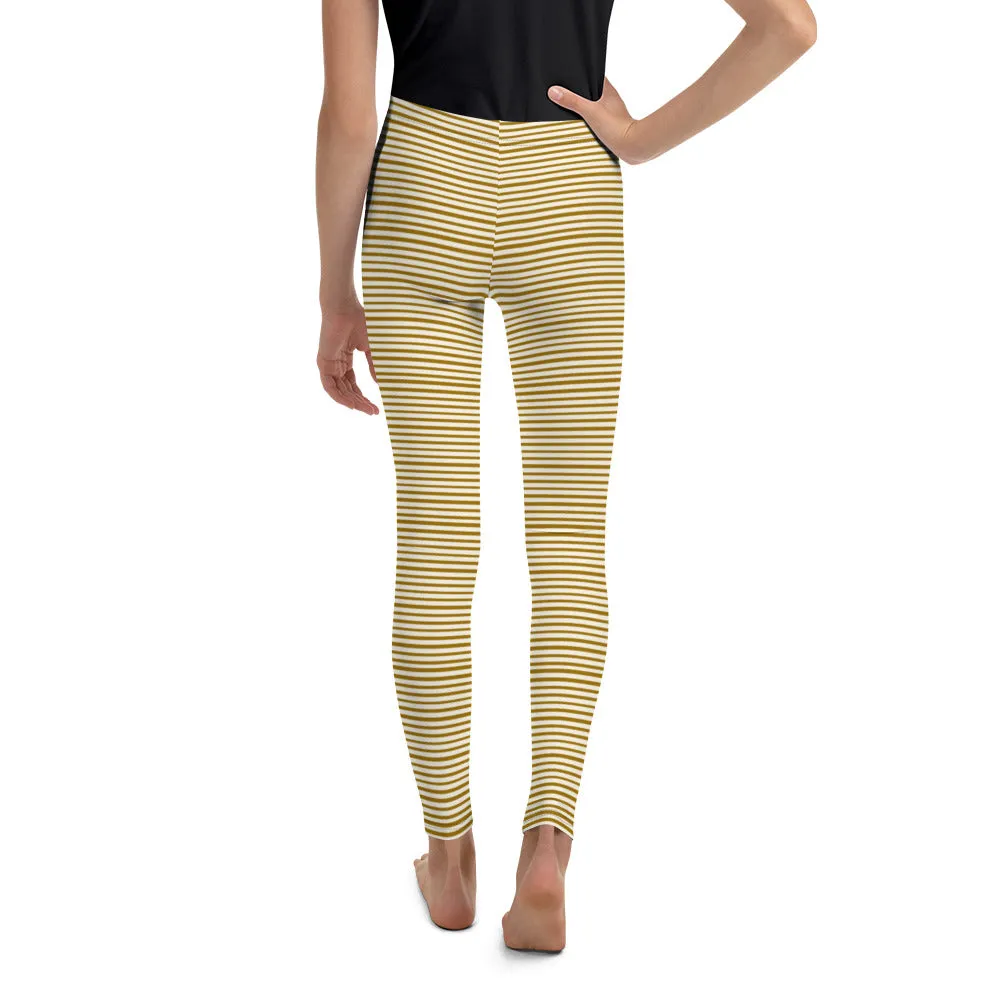 Dense Brown Light Yellow Horizontal Stripe Print Youth Leggings - Made in USA/ EU