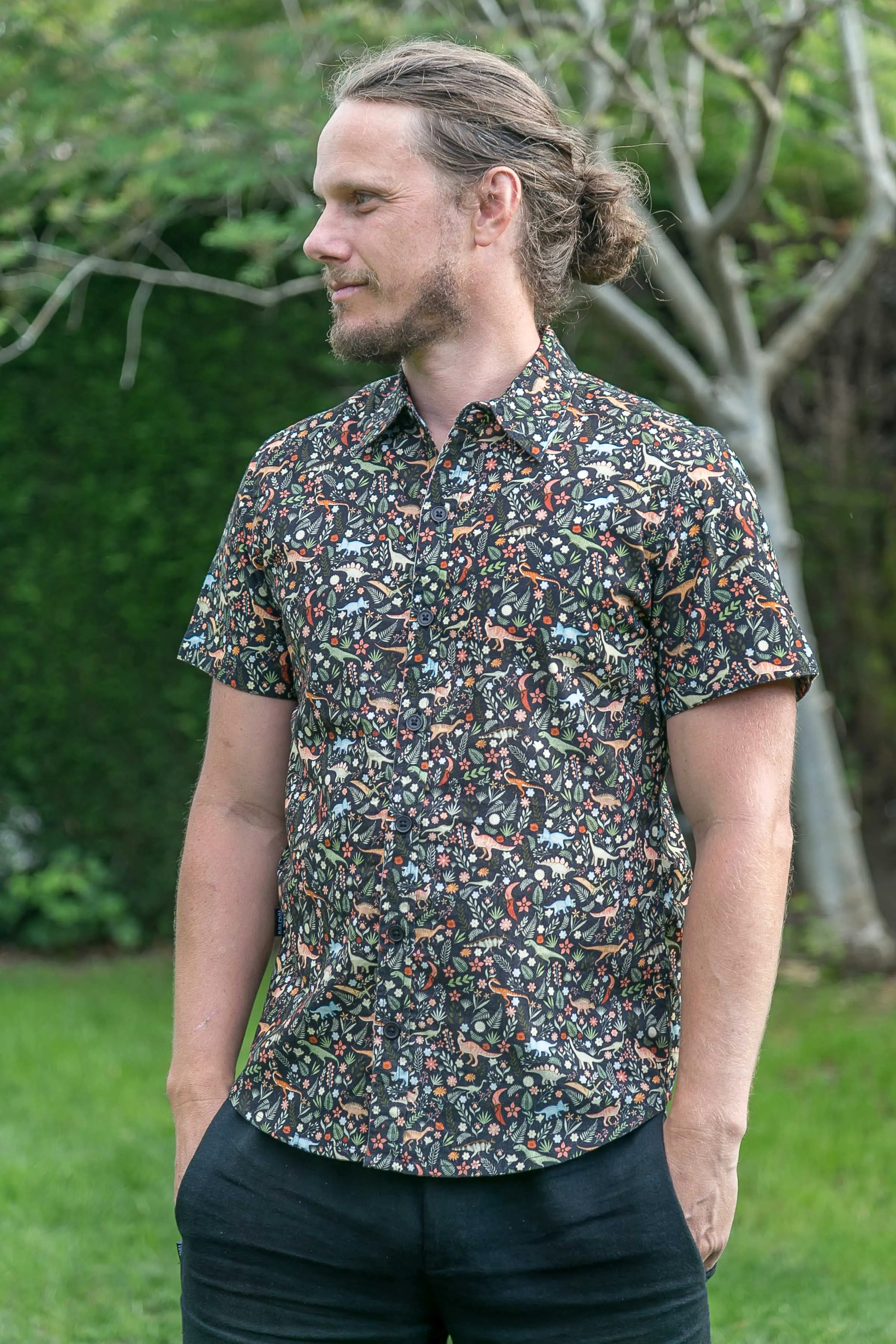 Dinosaur Floral Cotton Slim Fit Mens Shirt Short Sleeve