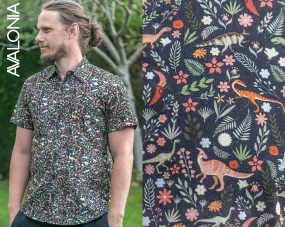 Dinosaur Floral Cotton Slim Fit Mens Shirt Short Sleeve