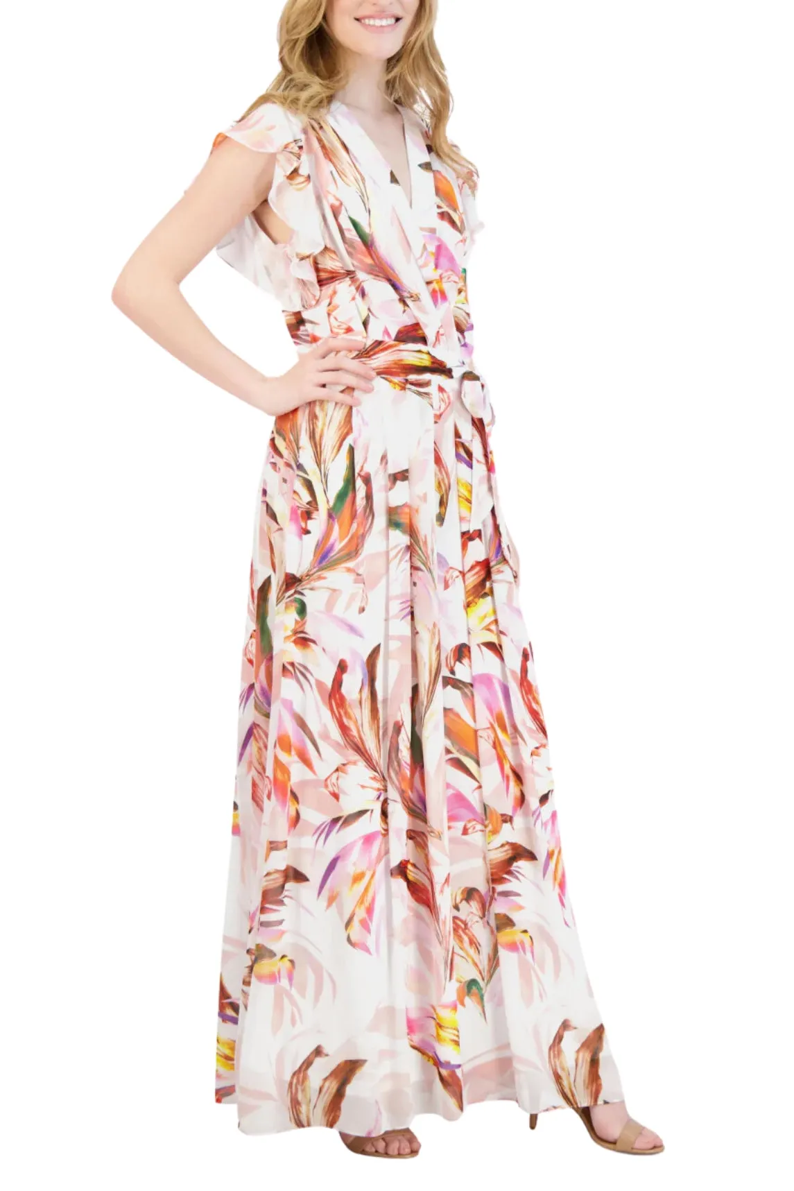 Donna Ricco Flutter Sleeve V-Neckline Pleated A-Line Maxi Dress