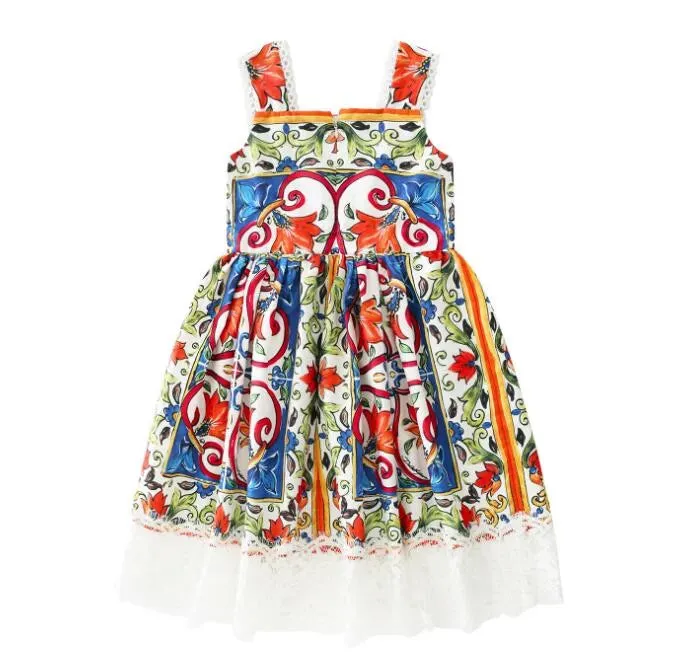 Dress summer new girls full print lace children's sling princess dress LY048