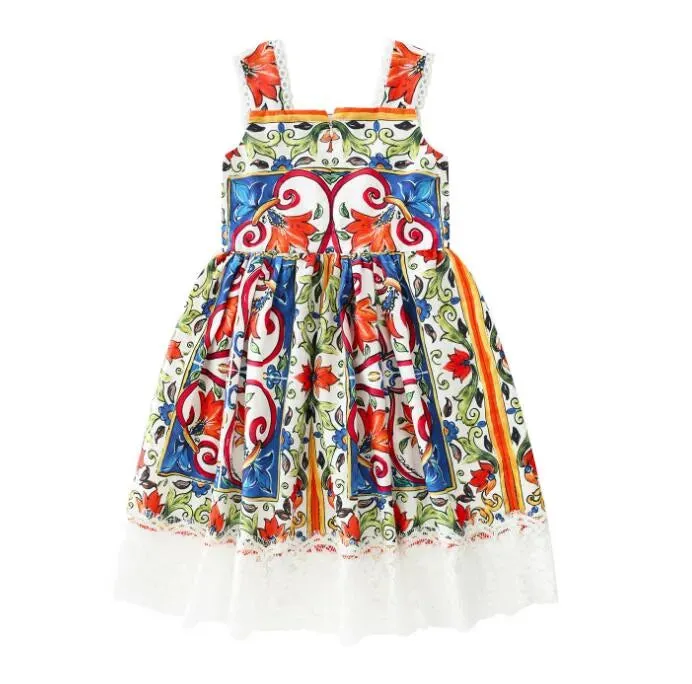 Dress summer new girls full print lace children's sling princess dress LY048