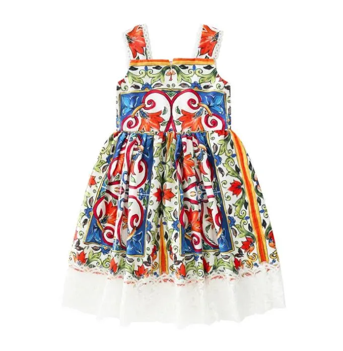 Dress summer new girls full print lace children's sling princess dress LY048