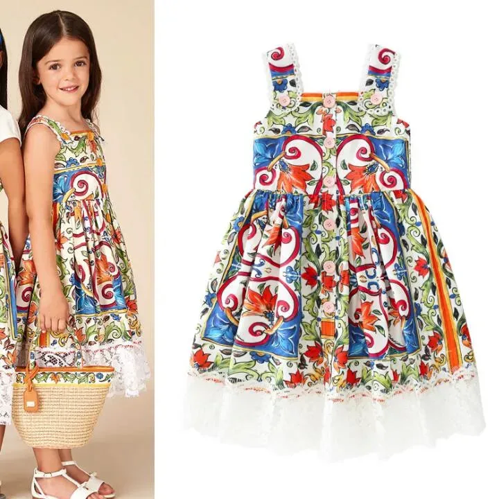 Dress summer new girls full print lace children's sling princess dress LY048