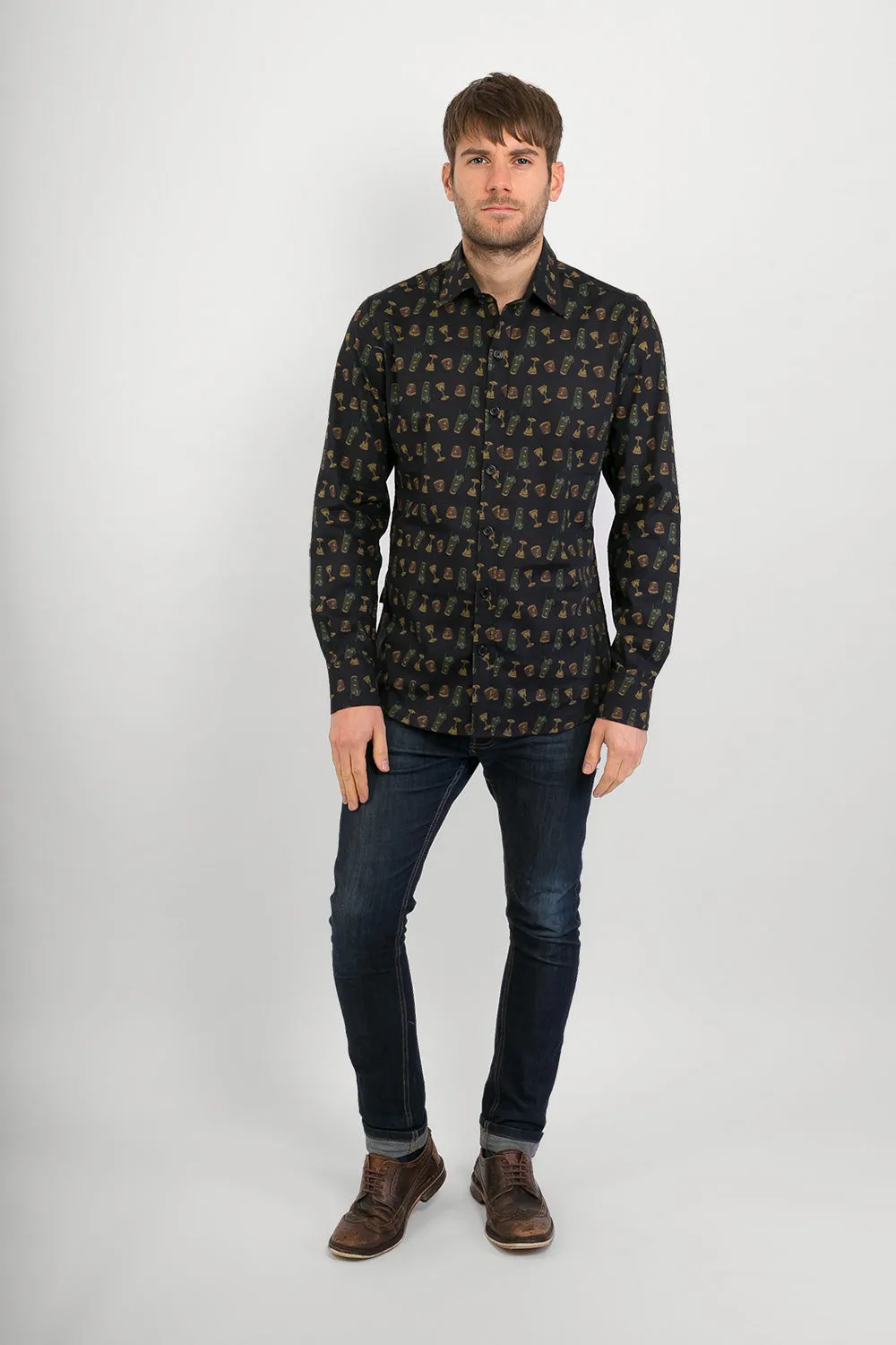 Drinks Cocktails Print Cotton Slim-Fit Mens Long-Sleeve Shirt