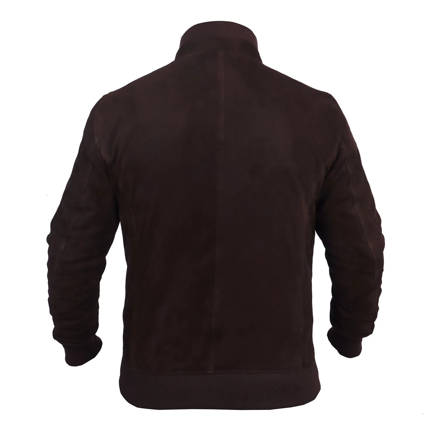 Dual Collar Bomber Dark Brown Suede Leather Jacket with Flap Pockets Button Closure By Brune And Bareskin