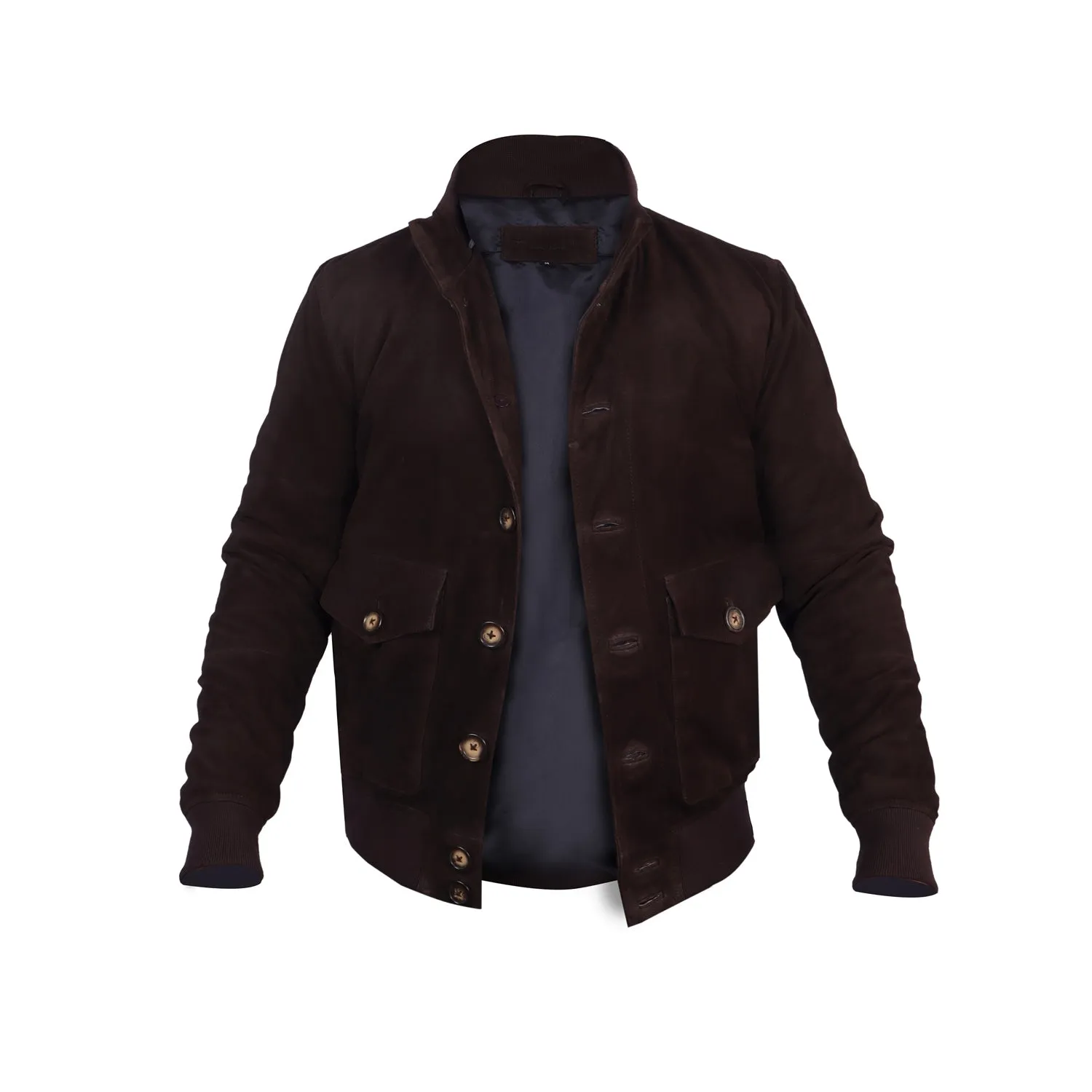 Dual Collar Bomber Dark Brown Suede Leather Jacket with Flap Pockets Button Closure By Brune And Bareskin