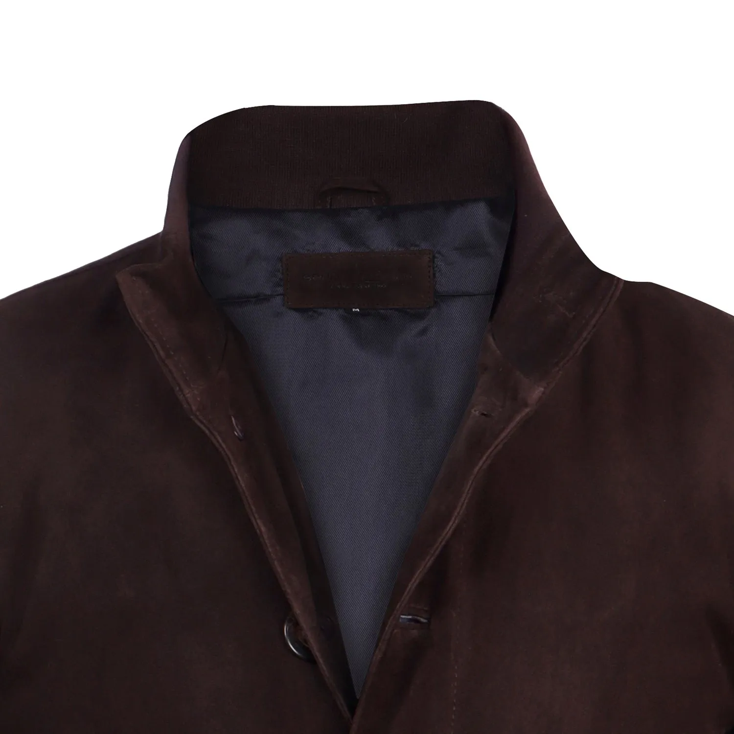 Dual Collar Bomber Dark Brown Suede Leather Jacket with Flap Pockets Button Closure By Brune And Bareskin