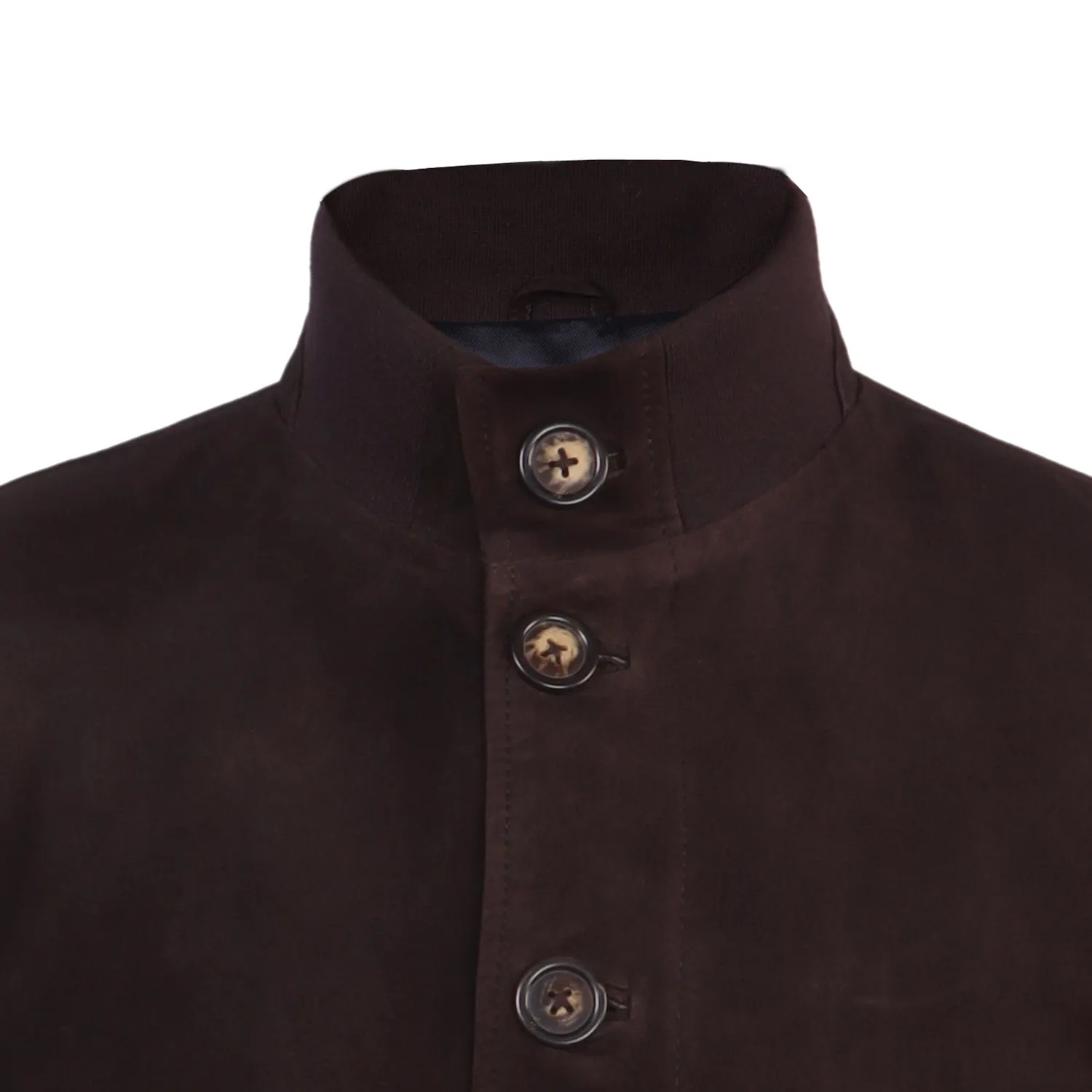 Dual Collar Bomber Dark Brown Suede Leather Jacket with Flap Pockets Button Closure By Brune And Bareskin