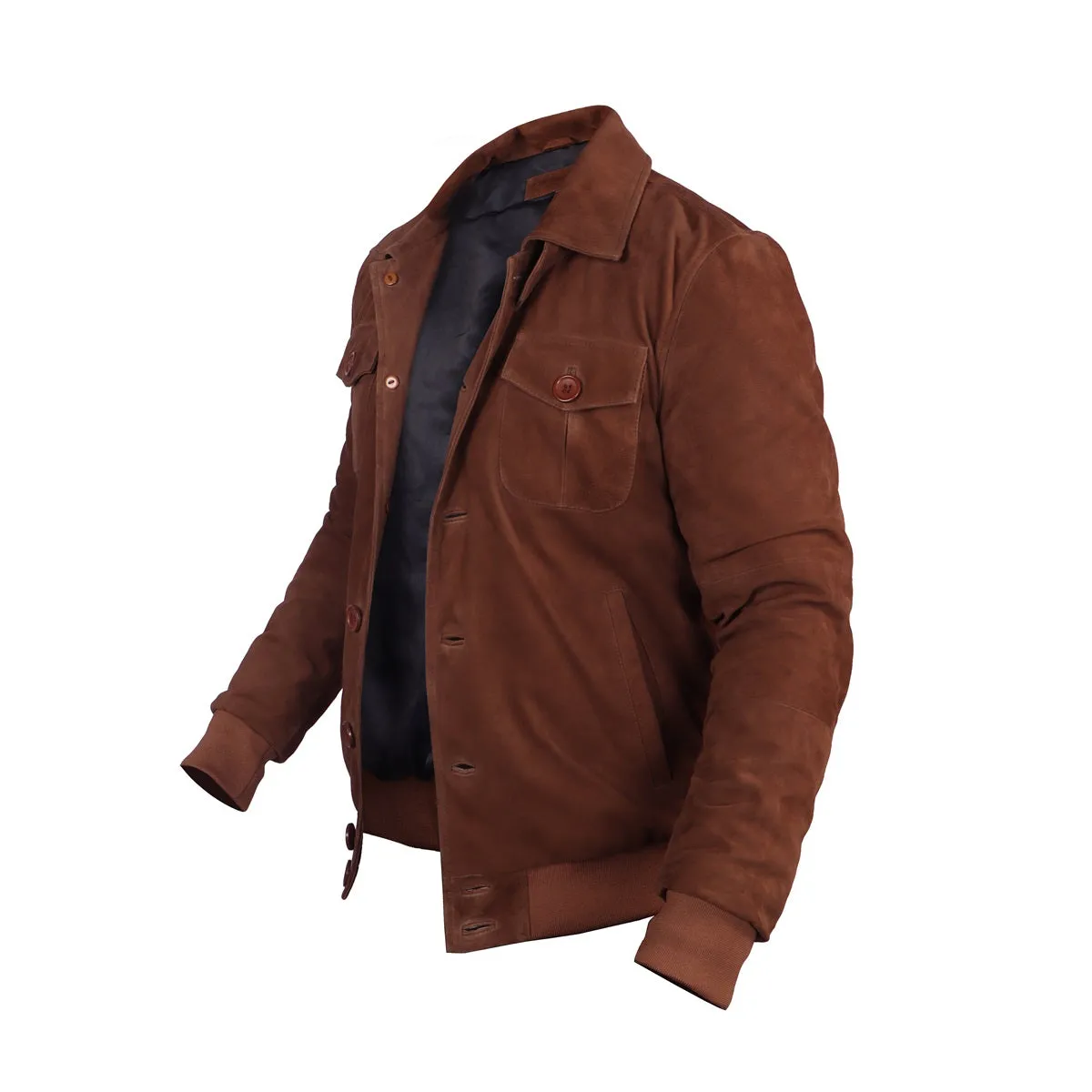 Dual Collar Bomber Tan Suede Leather Jacket For Men with Flap Pockets Button Closure By Brune And Bareskin