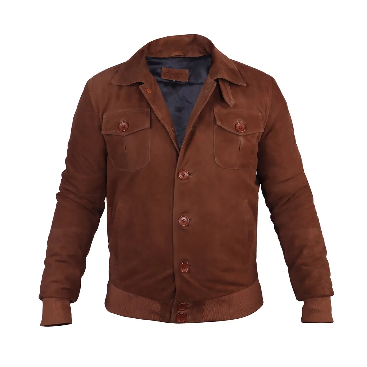 Dual Collar Bomber Tan Suede Leather Jacket For Men with Flap Pockets Button Closure By Brune And Bareskin