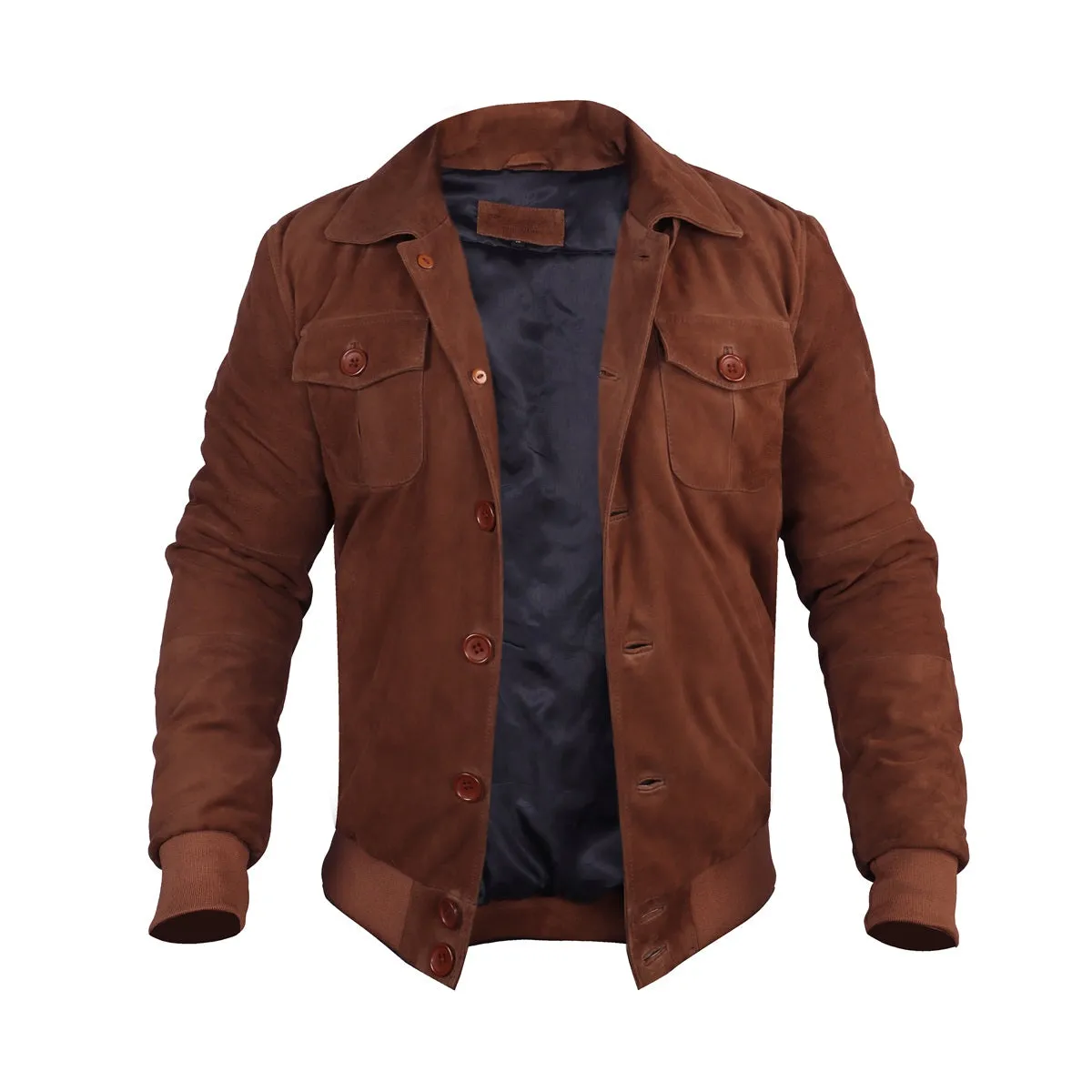 Dual Collar Bomber Tan Suede Leather Jacket For Men with Flap Pockets Button Closure By Brune And Bareskin