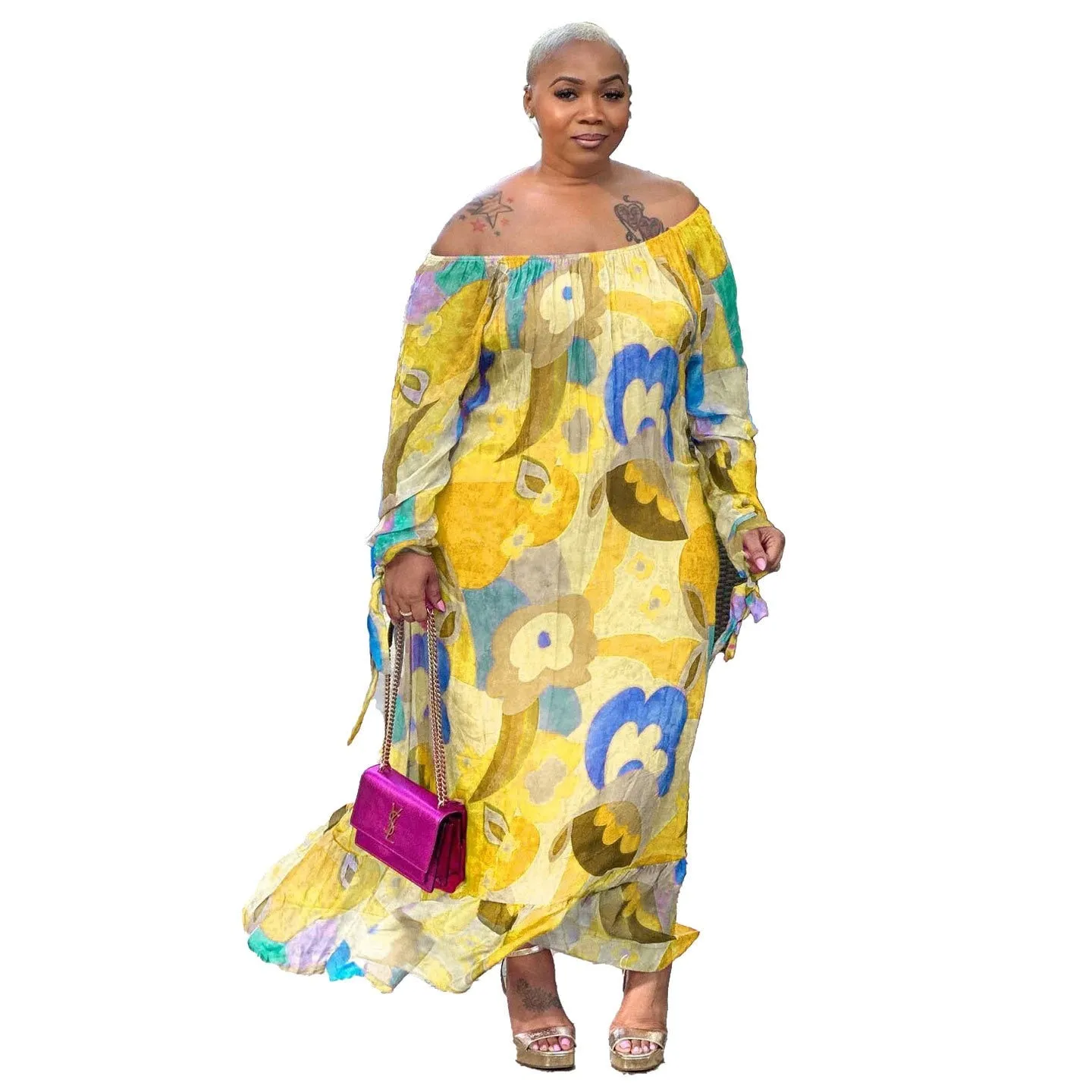 ECHOINE Polyester Off-Shoulder Plus Size Maxi Dress