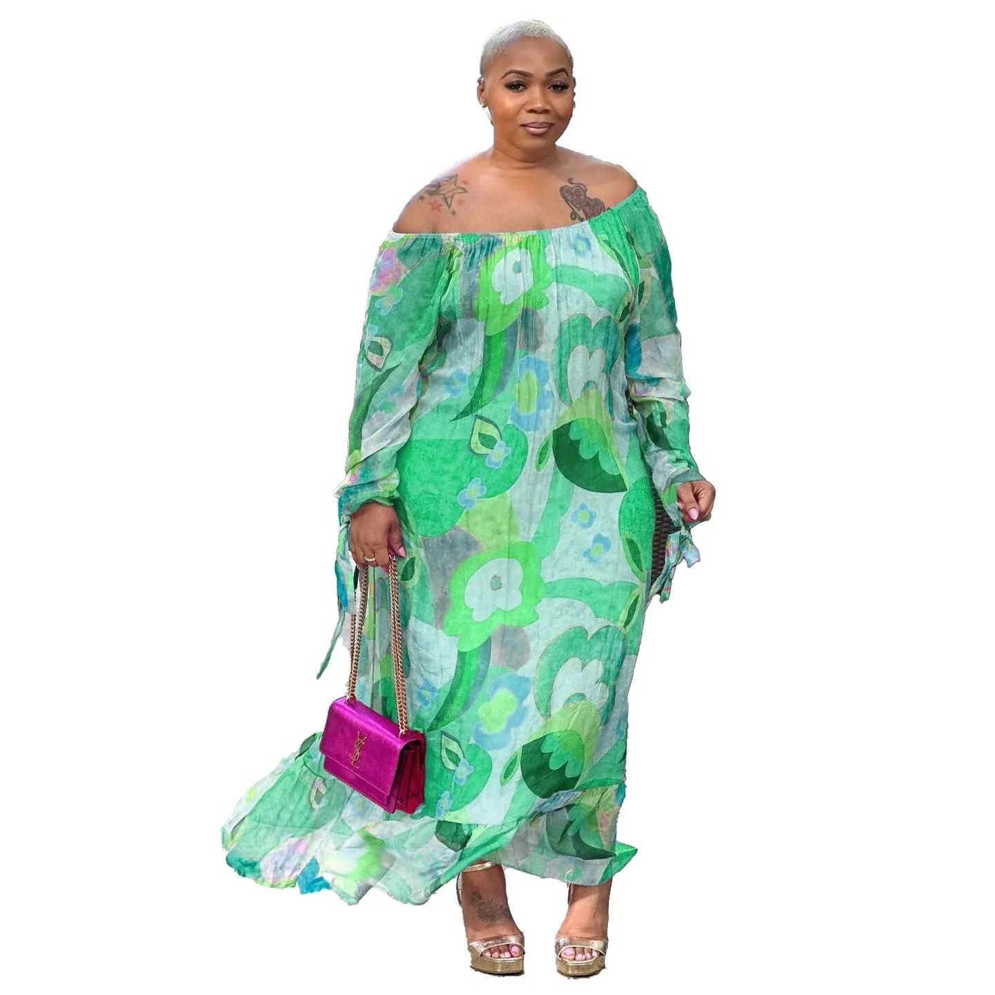 ECHOINE Polyester Off-Shoulder Plus Size Maxi Dress