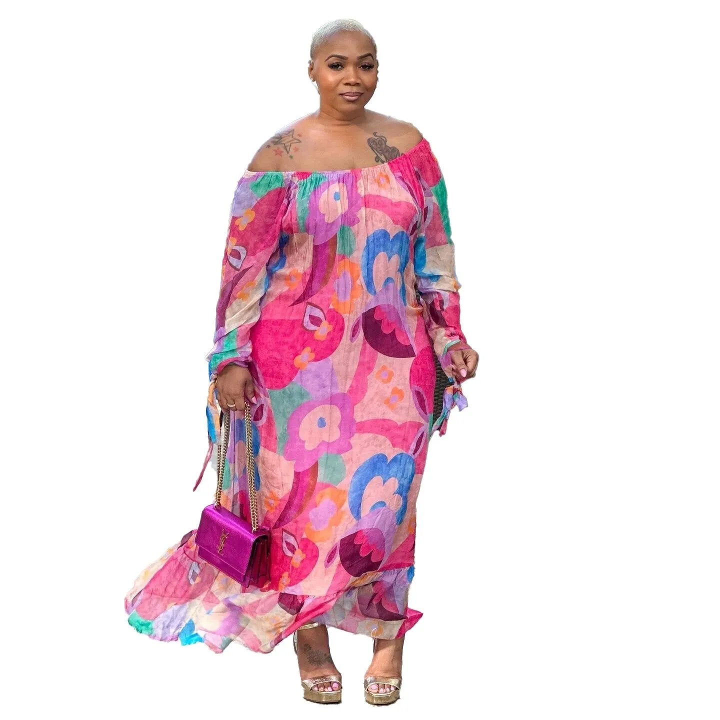 ECHOINE Polyester Off-Shoulder Plus Size Maxi Dress