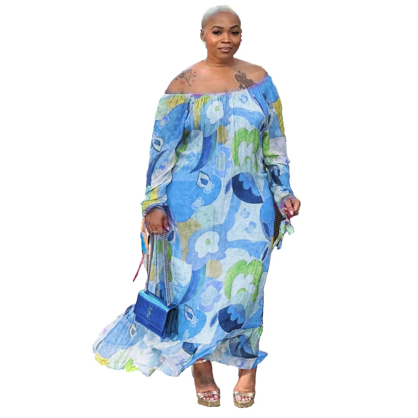 ECHOINE Polyester Off-Shoulder Plus Size Maxi Dress