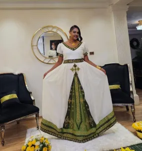 Enchanting Green Habesha Dress: with Golden Cross Shaped Handstitched Design Traditional Ethiopian Dress