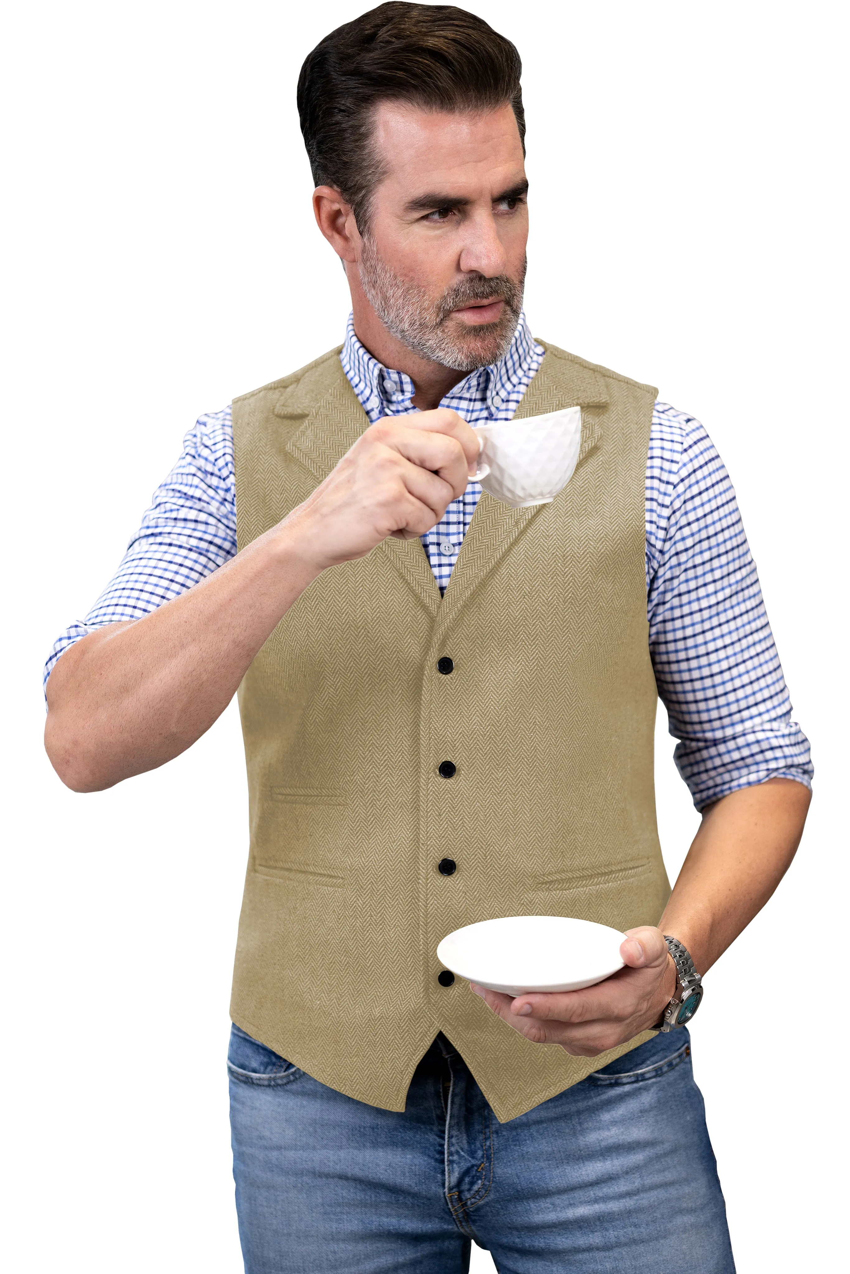 Fashion Men's vest Tweed Herringbone Notch Lapel Waistcoat