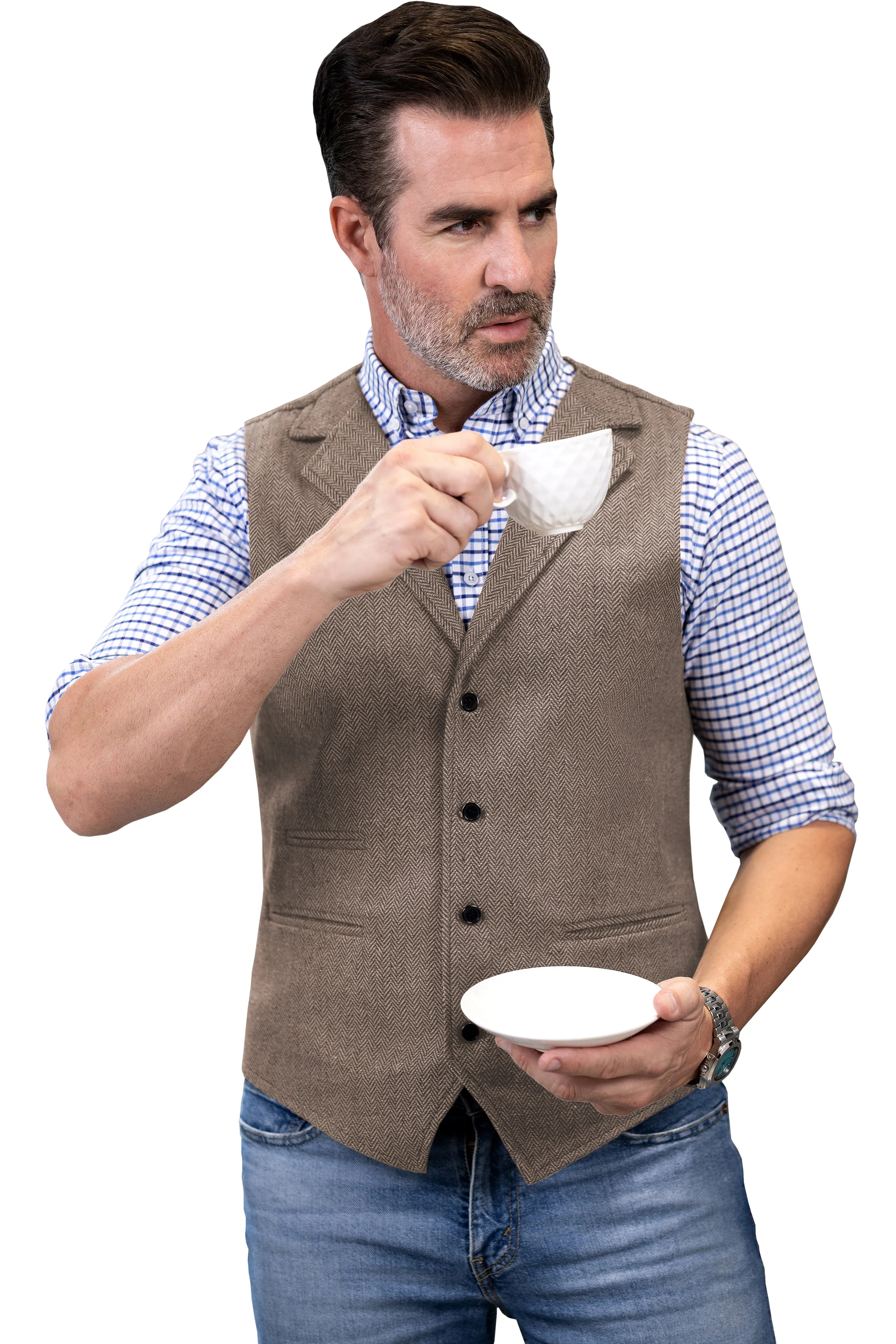 Fashion Men's vest Tweed Herringbone Notch Lapel Waistcoat