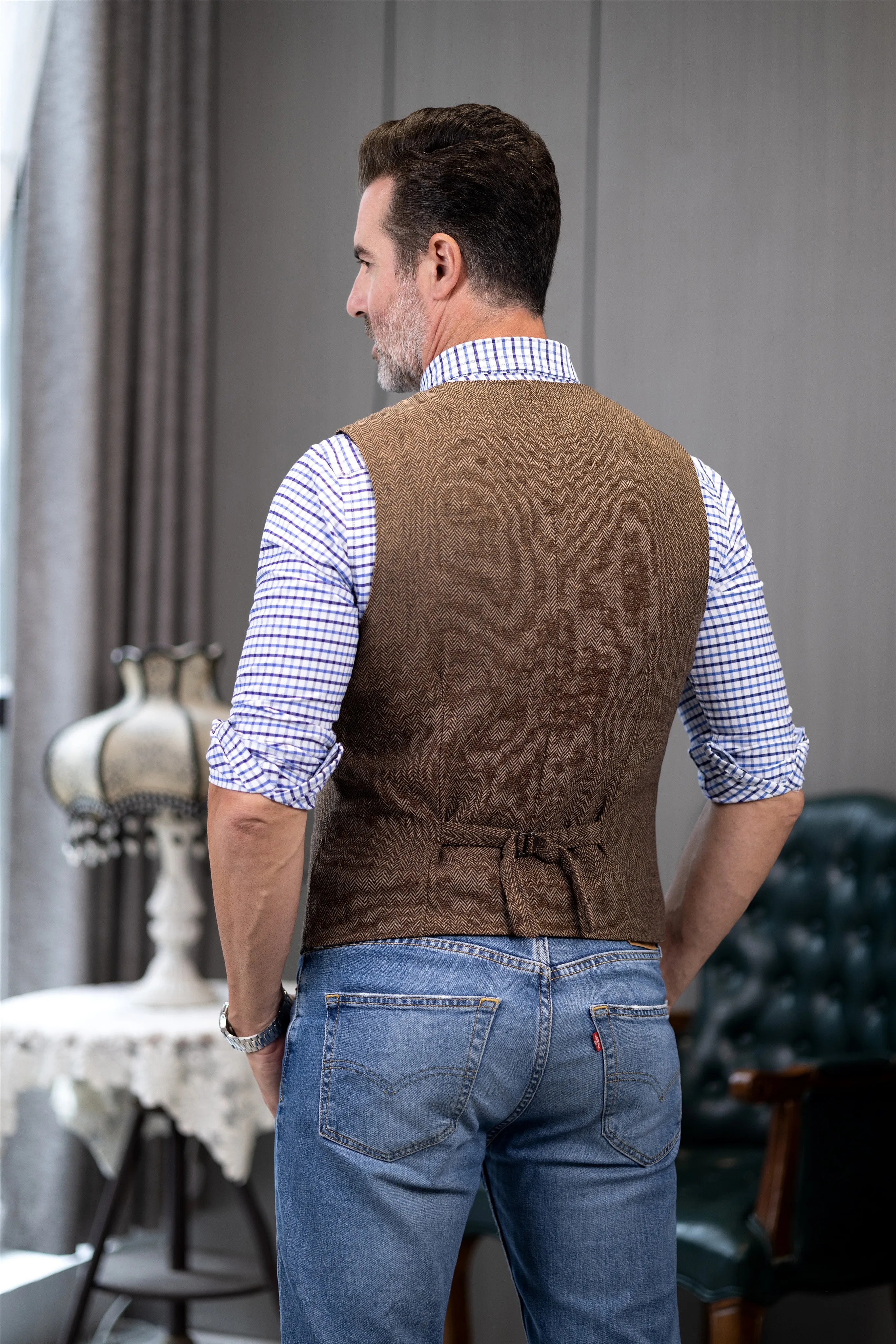 Fashion Men's vest Tweed Herringbone Notch Lapel Waistcoat