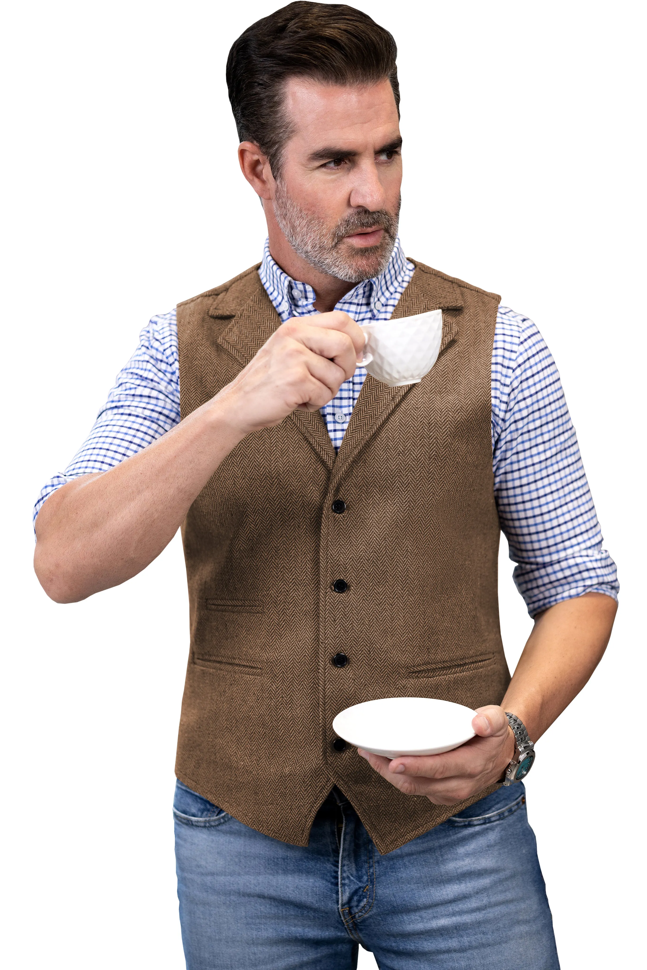 Fashion Men's vest Tweed Herringbone Notch Lapel Waistcoat