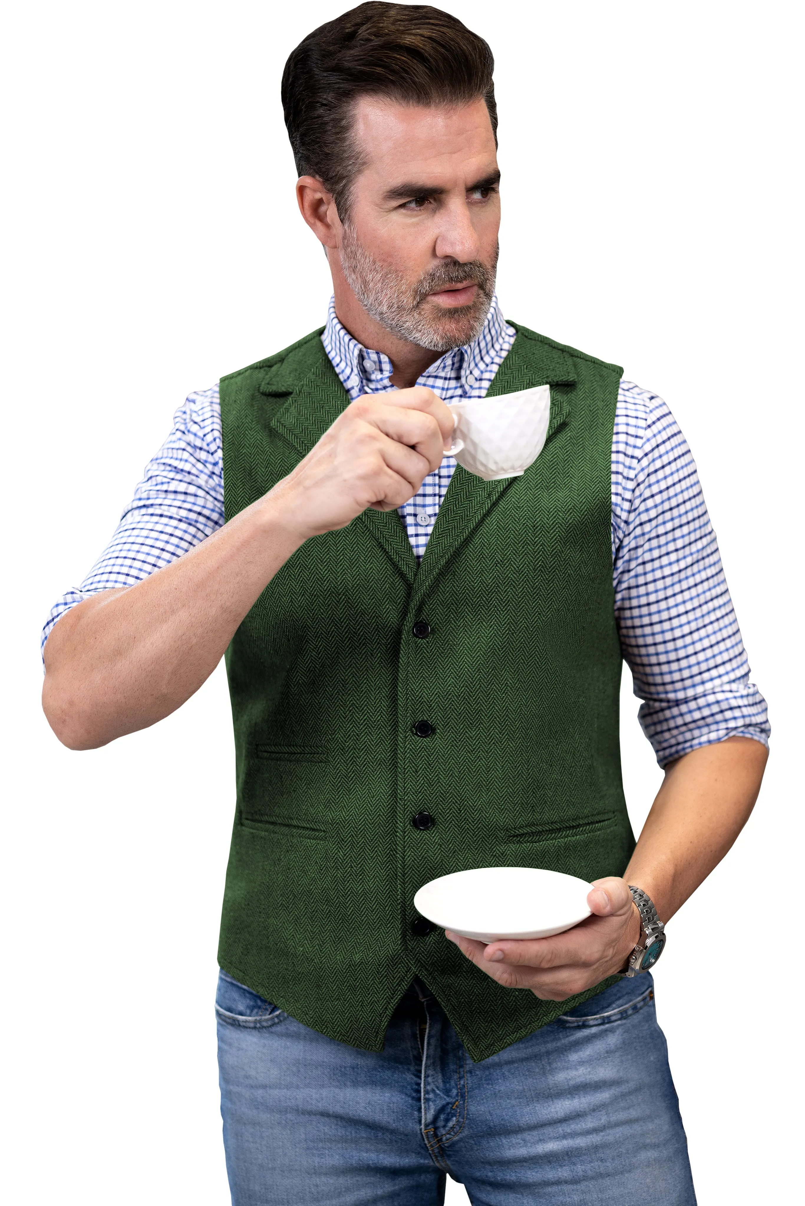 Fashion Men's vest Tweed Herringbone Notch Lapel Waistcoat