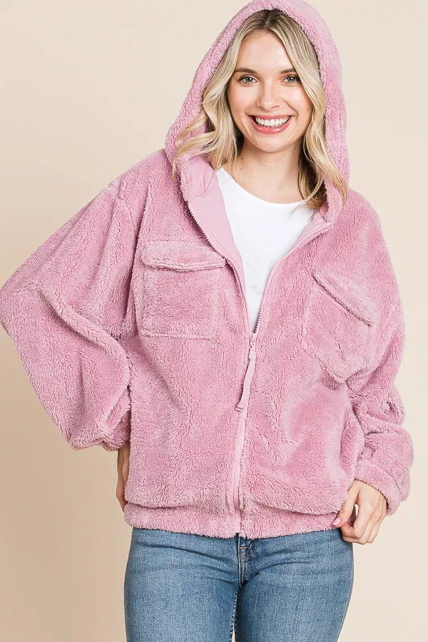 Faux Fur Zip Up Hooded Jacket with Side Pockets