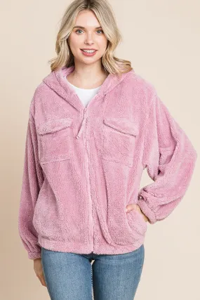 Faux Fur Zip Up Hooded Jacket with Side Pockets