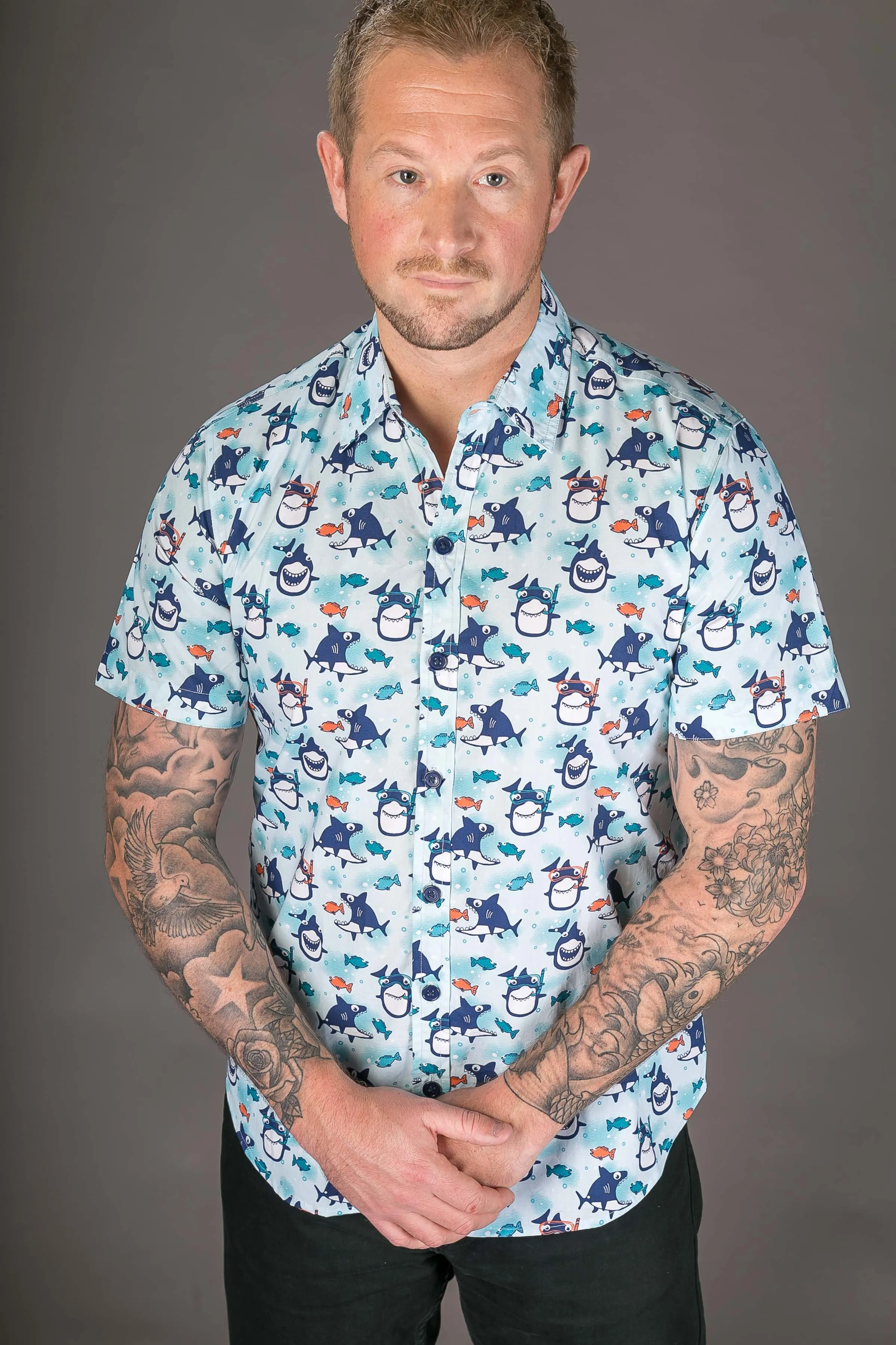 Fish Diver Print Cotton Slim and Regular Fit Mens Shirt Short Sleeve