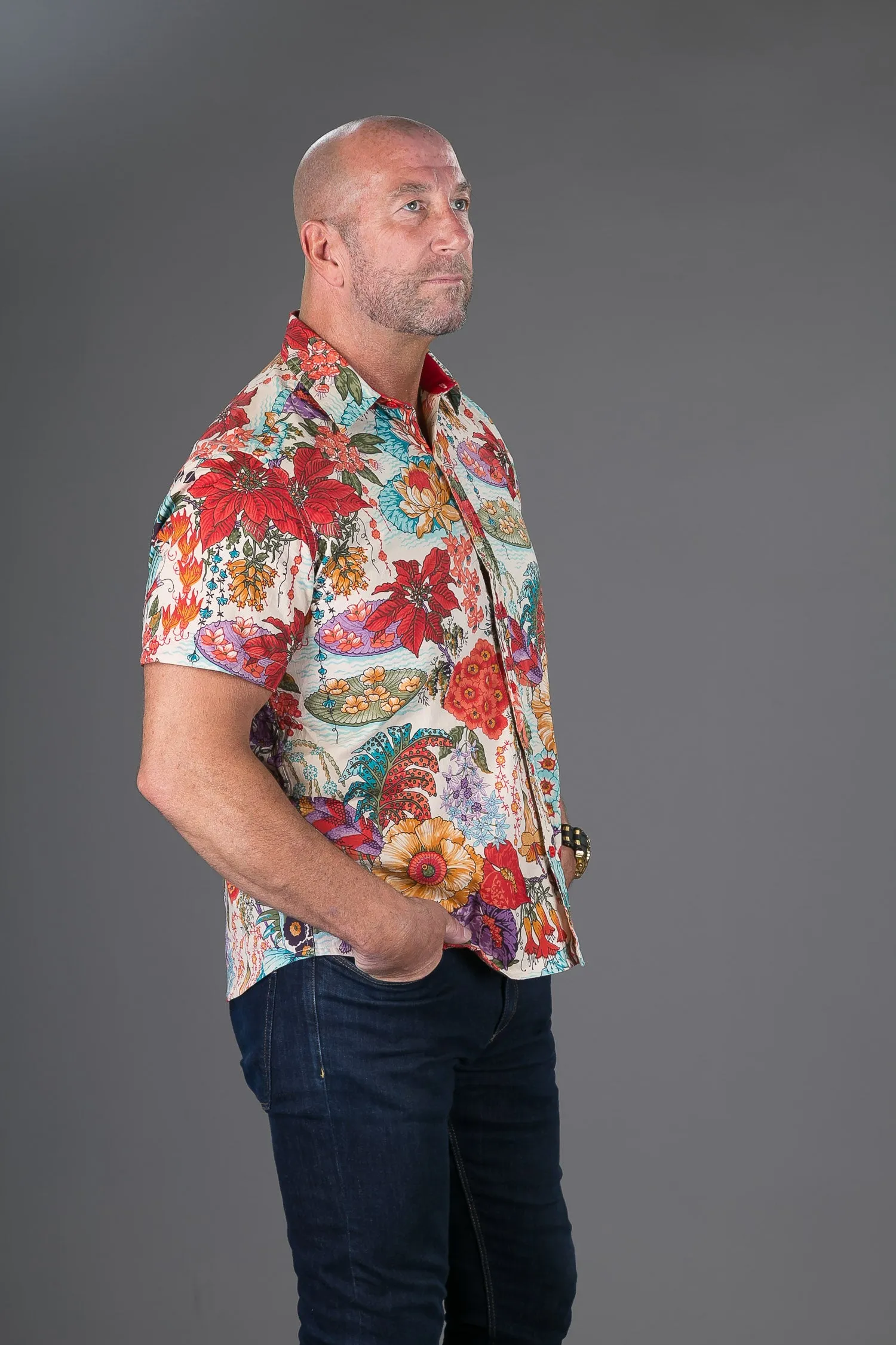 Floral Print Cotton Slim and Regular Fit Mens Hawaiian Shirt Short Sleeve