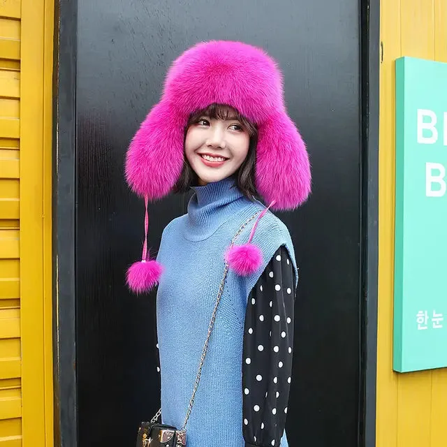 Fox Fur Hats Women Aviator Trapper Snow Caps Earflap Fur Bomber Hat