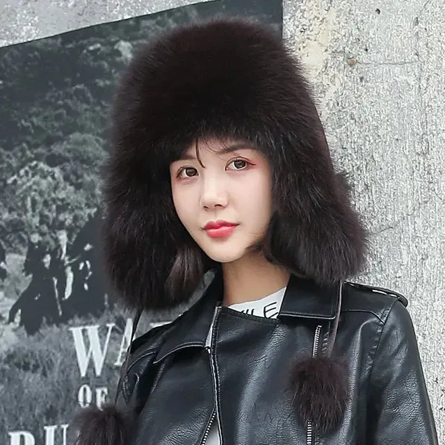 Fox Fur Hats Women Aviator Trapper Snow Caps Earflap Fur Bomber Hat